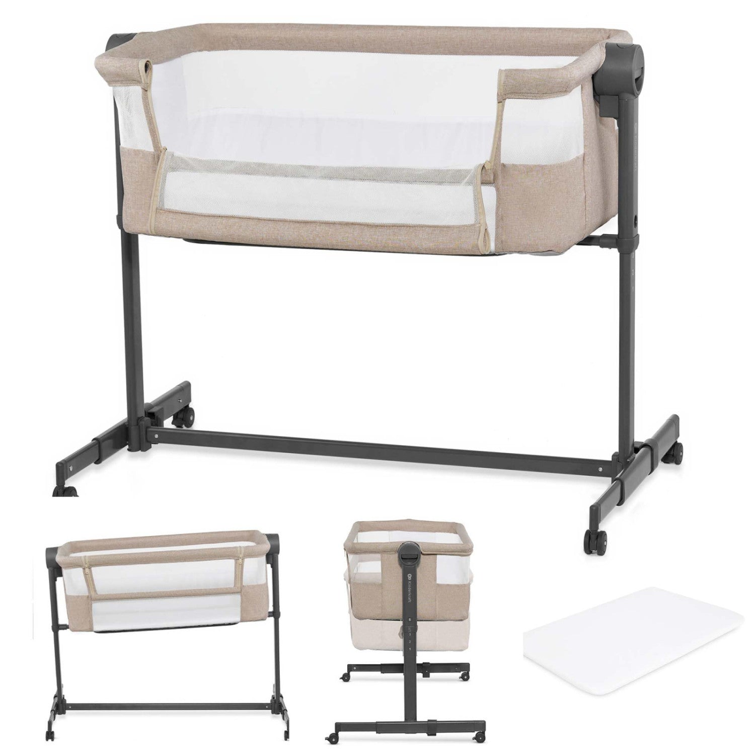 Kinderkraft Nestee Up 2 Culla Co-Sleeping Con Materasso, 5 Livelli Di Altezza, 4 Ruote, Beige