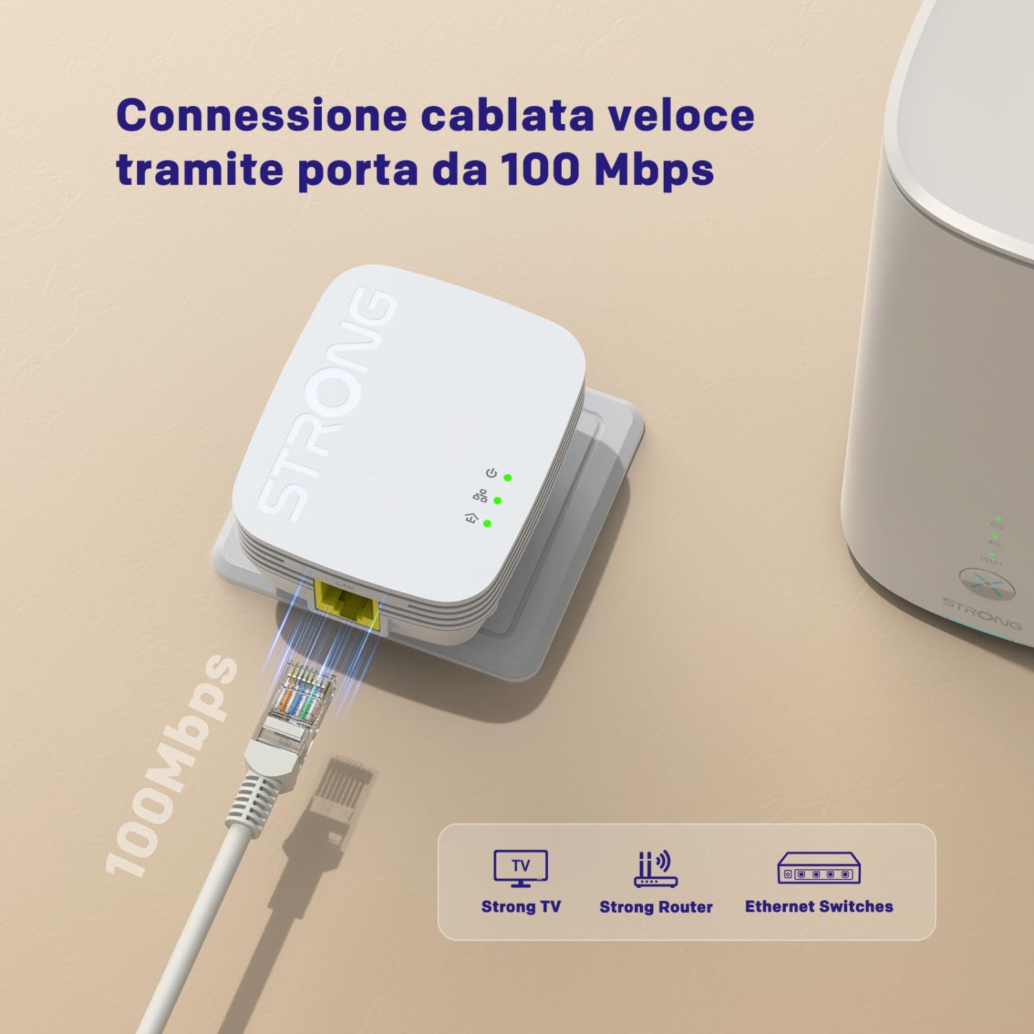 Strong Kit Powerline 600 Duo Mini PL600MDUO, 2 Adattatori, HomePlug AV2, 600 Mbps, Crittografia AES 128 Bit, Porte LAN RJ-45