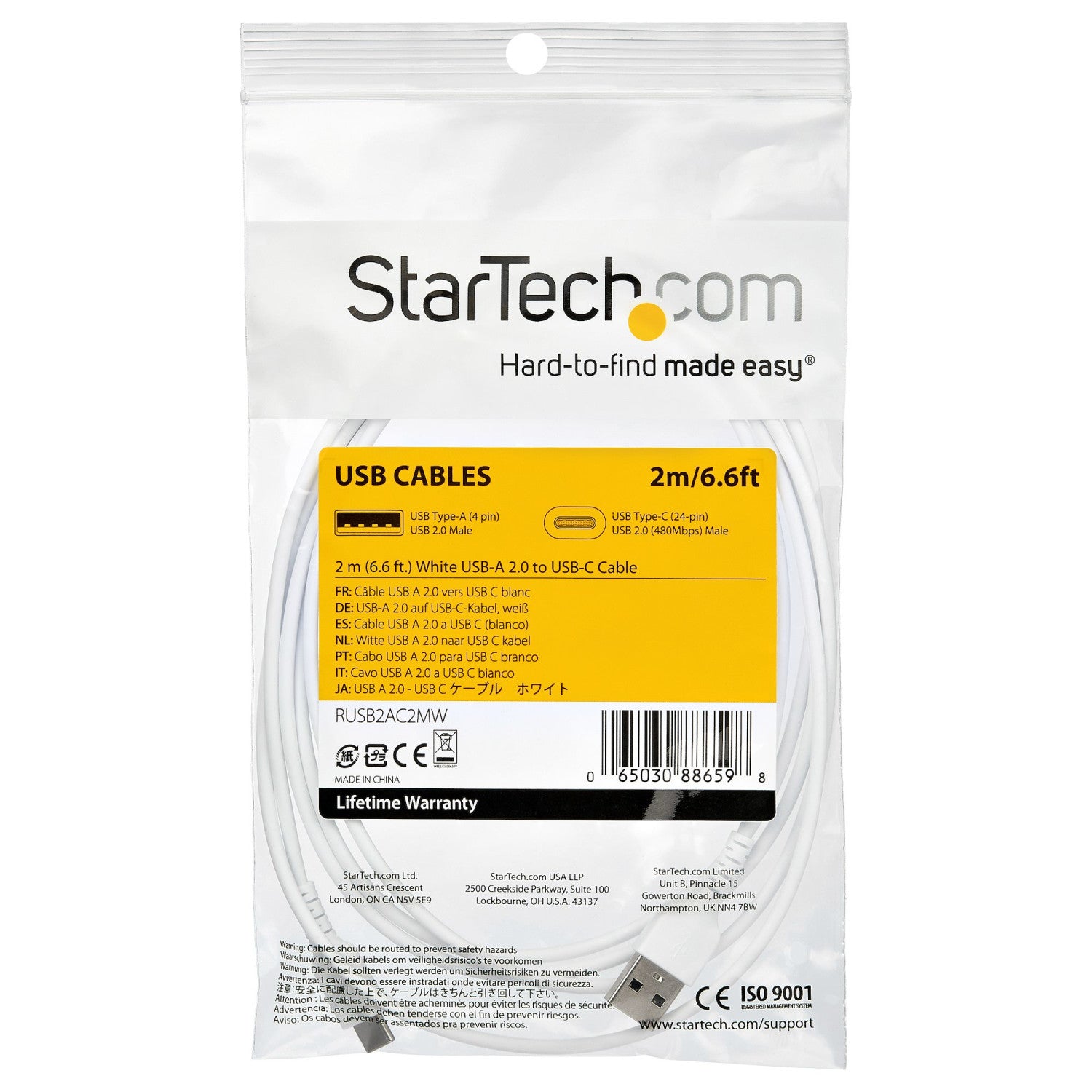 StarTech.com Cavo di Ricarica USB-A a USB-C da 2m - Resistente Cavetto USB-C di Ricarica Veloce e Sync da USB 2.0 a USB Type C 3A - Rivestimento in TPE e Fibra Aramidica M/M Bianco - Samsung S10, Ipad Pro, Pixel