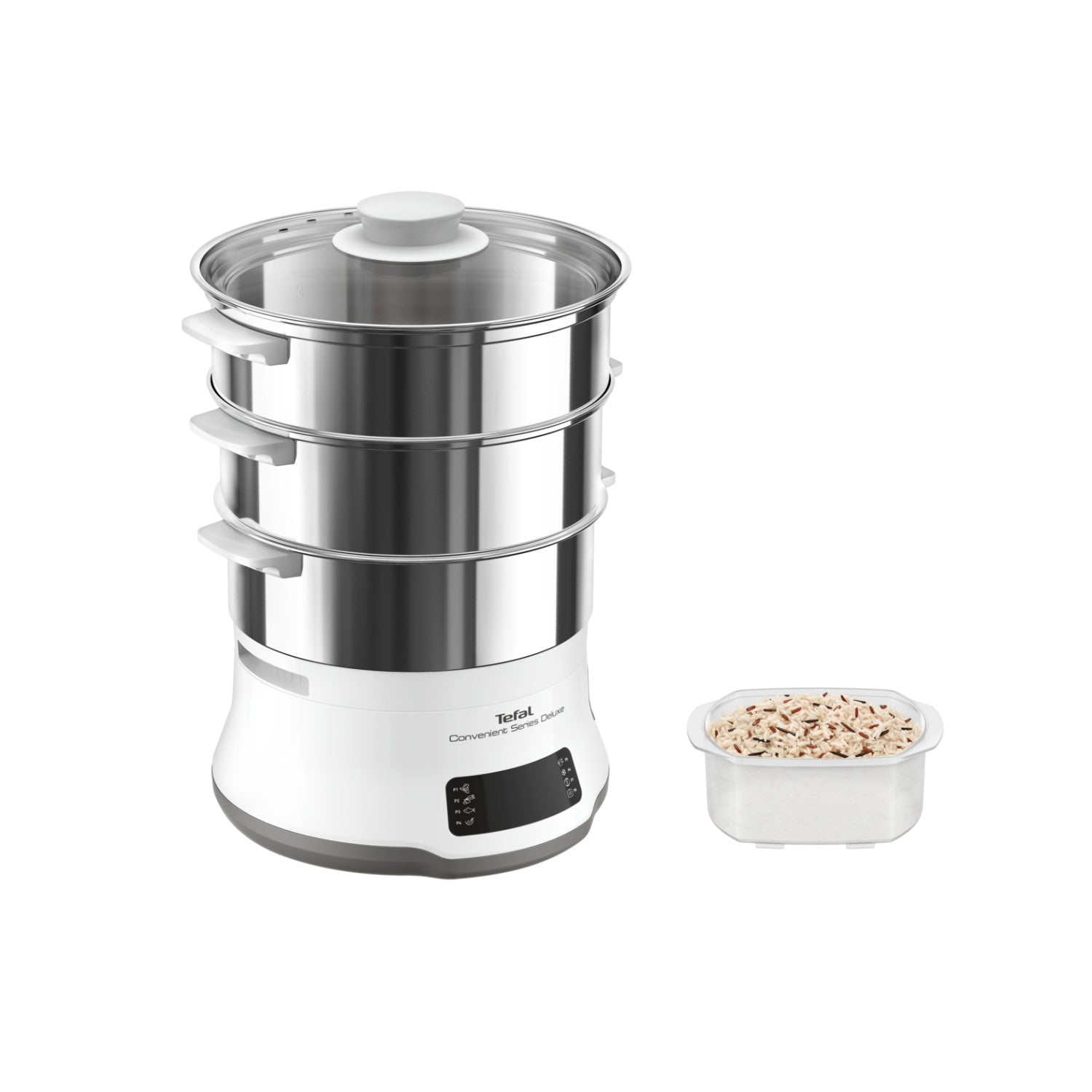 Tefal Convenient Series Deluxe VC502D pentola a vapore 3 cestelli Superficie piana 900 W Acciaio inox Bianco