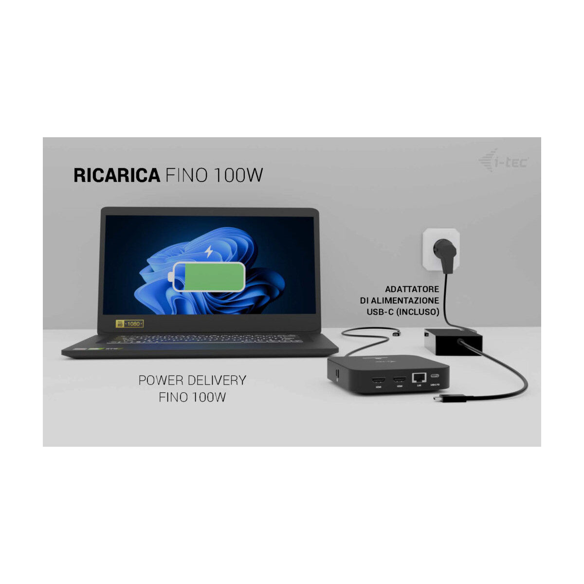 i-tec USB-C Dual HDMI Docking Station with Power Delivery 100 W Universal Charger 100W