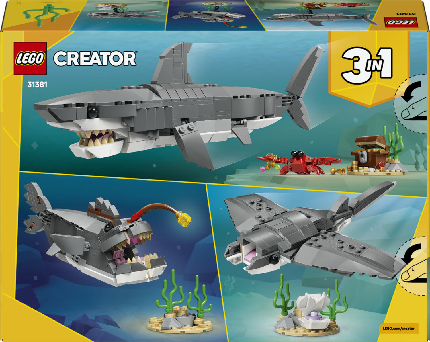 LEGO Creator 3 in 1 Squalo con Scrigno del Tesoro 31381 Set da Costruzione 379 Pezzi dai 8 Anni