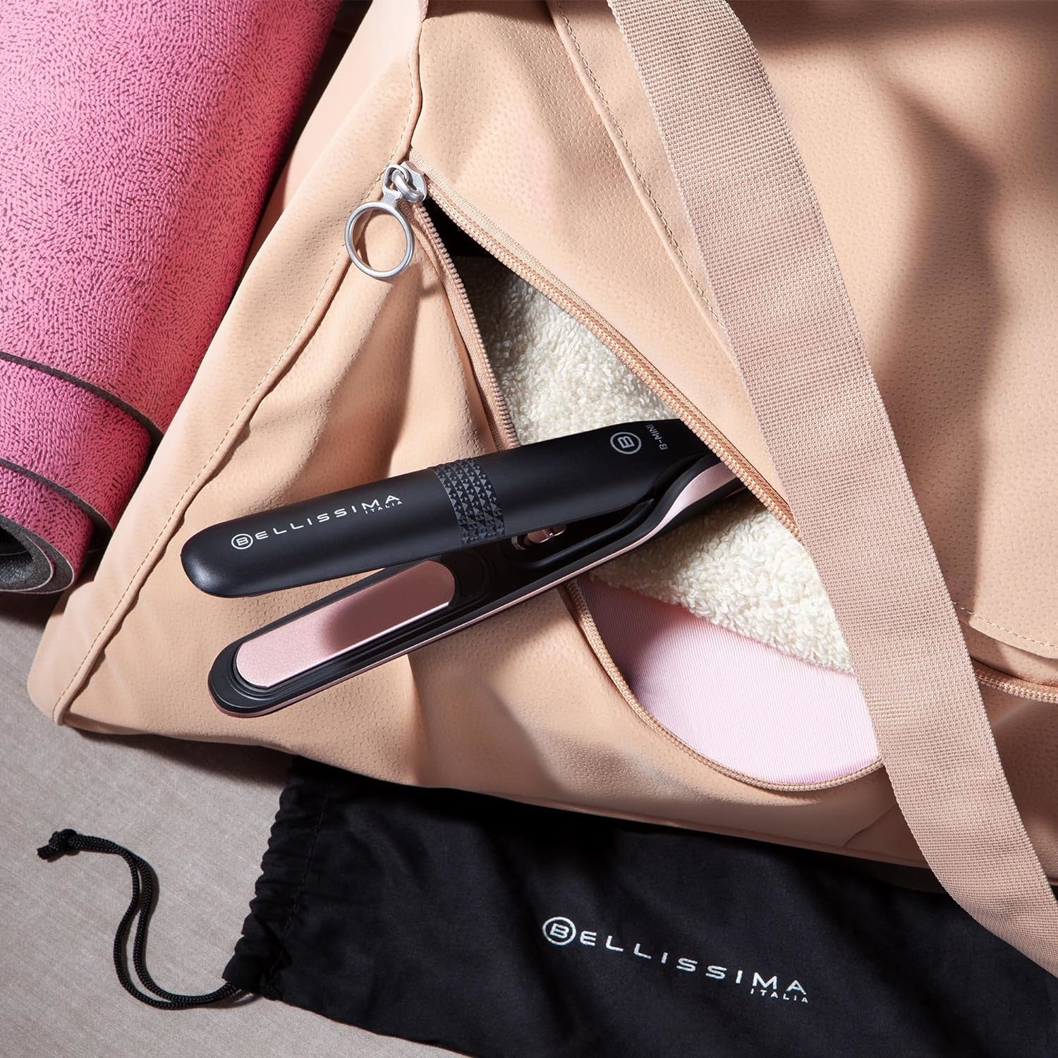 Imetec Bellissima B-Mini Piastra per Capelli Mini da Borsa e da Viaggio Rivestimento in Ceramica Multivoltaggio Automatico Nero Rosa