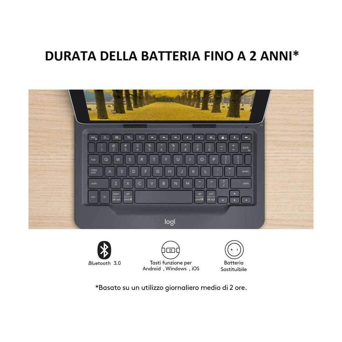 Logitech Universal Folio Cover con Tastiera Bluetooth Wireless per Tablet Ipad da 9 10 Pollici Nero