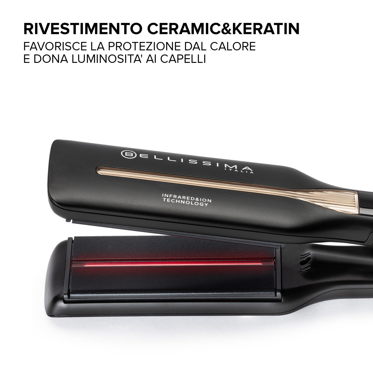 Bellissima Imetec Absolute, Piastra per capelli professionale con piastre 4XL, Infrarossi e tecnologia a ioni, Controllo del calore, Rivestimento in ceramica e cheratina, 4 Temperature, Beauty bag