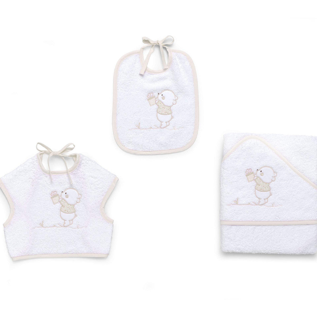 Italbaby Set Regalo 3 Pezzi Bear Avorio - Asciugamano Con Cappuccio, Pettorina E Bavaglino Ricamati In Cotone Spugna