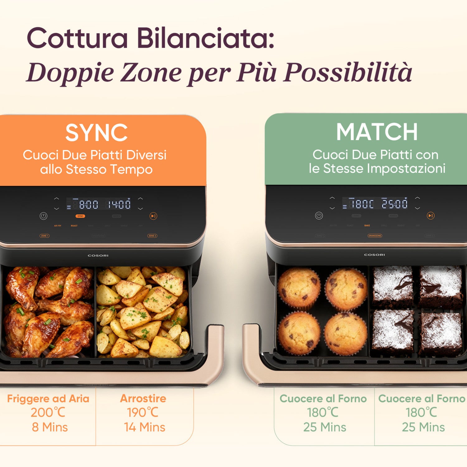 Cosori FRIGGITRICE AD ARIA Dual Blaze Twinfry™ Chef Edition, 2800W, 10 Litri, Funzioni 7 in 1, Doppia Resistenza, Doppio Cestello 5L&5L e Separatore Rimovibile, WiFi, 40-240℃, Grigio scuro
