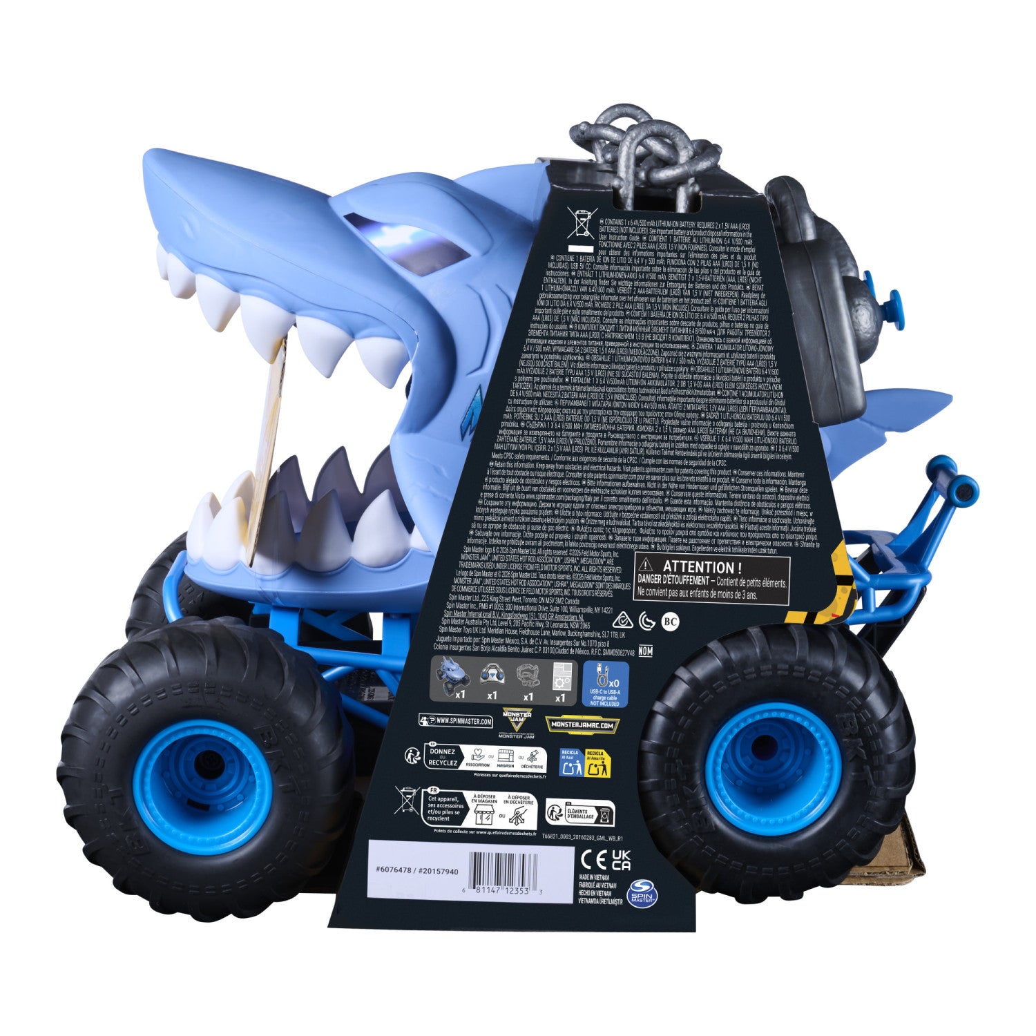 Monster Jam Camion RC Chomping Megalodon, Monster Truck Telecomandato in Scala 1:15 con 3 Modalità di Azione, Catena e Controller, Giocattoli per Ragazzi e Ragazze dai 4 Anni in su