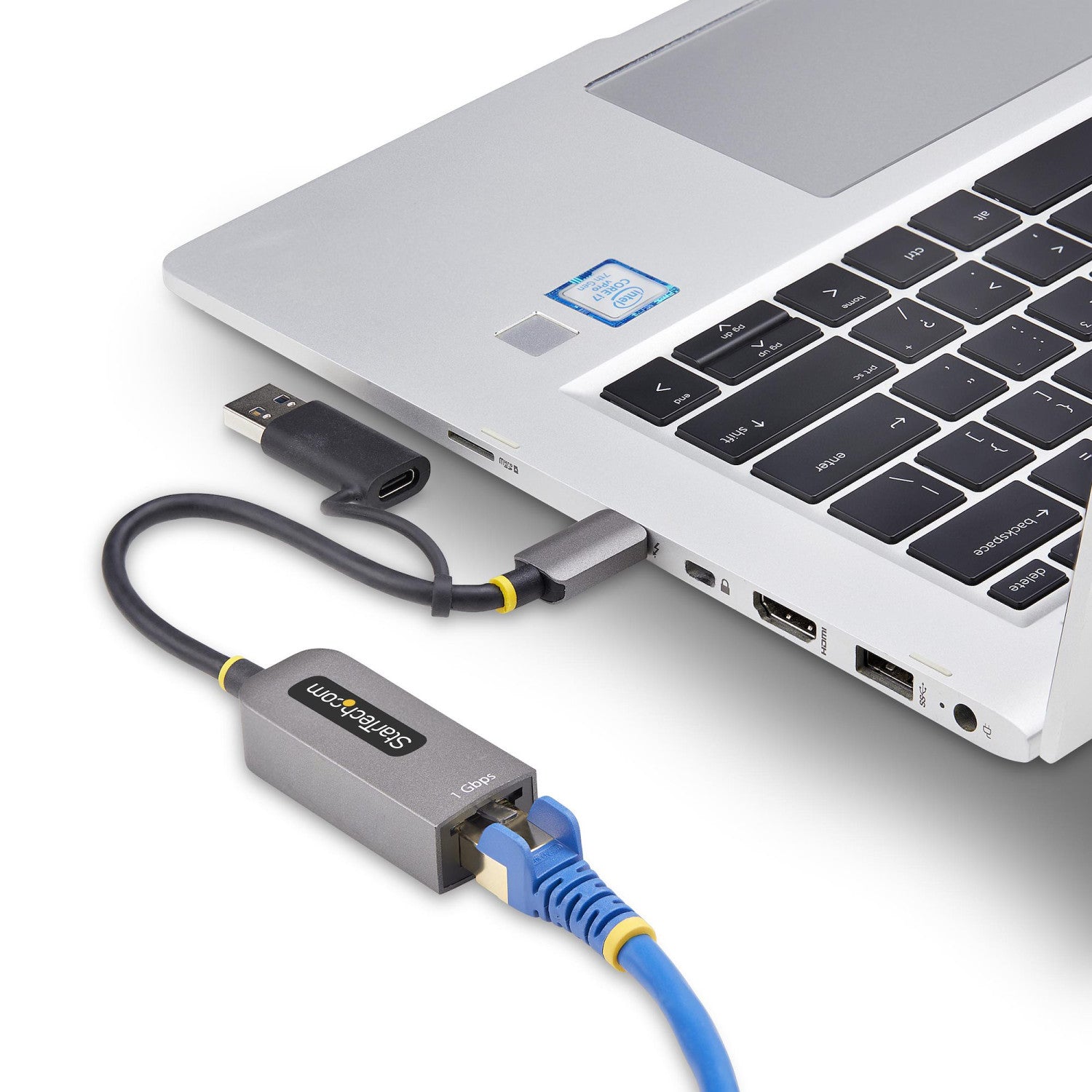 StarTech.com Adattatore da USB-C a Ethernet con dongle USB-A, 10/100/1000Mbps, adattatore di rete da USB 3.0 a Gigabit Ethernet, cavo collegato 6in/15cm, adattatore USB GbE