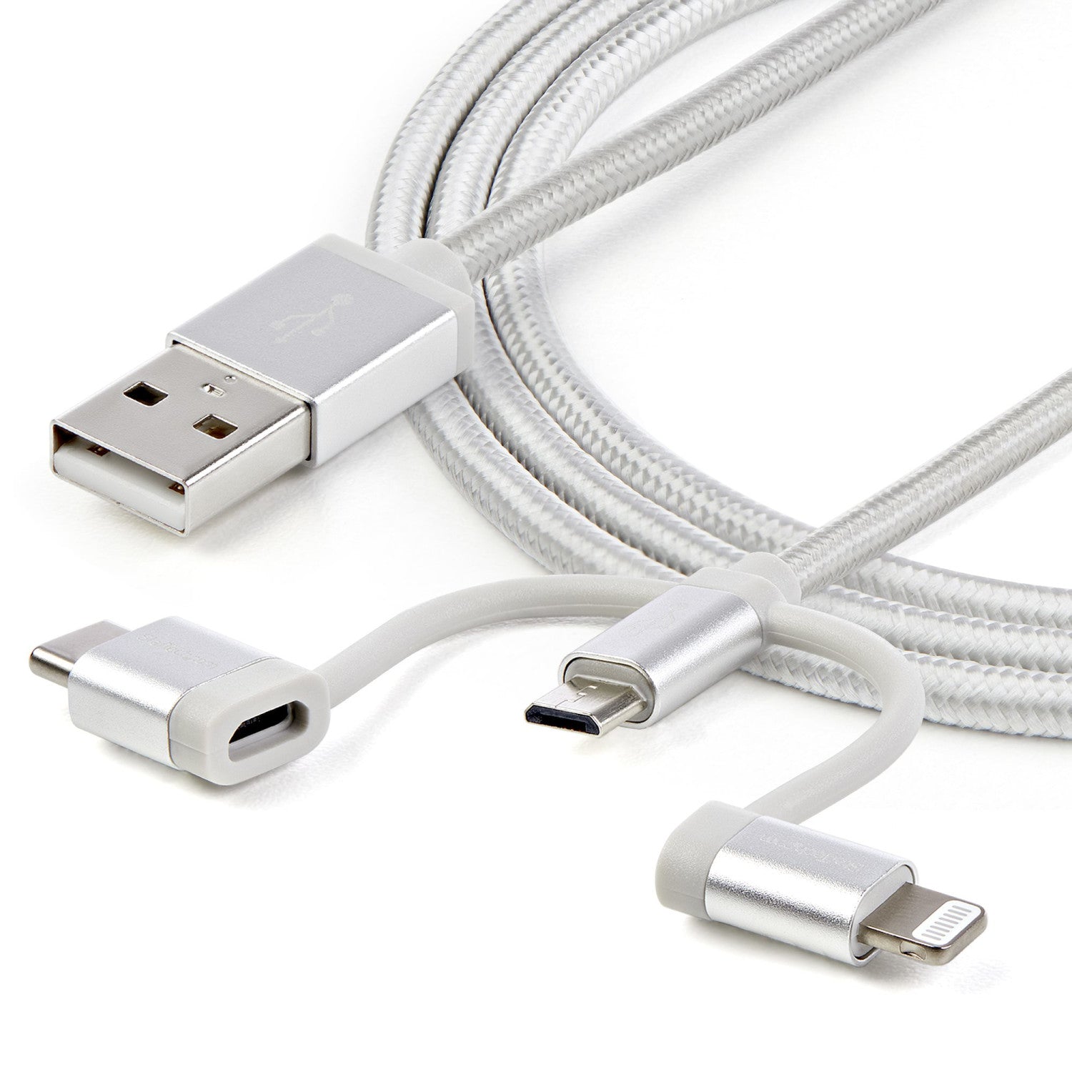 StarTech.com Cavo di ricarica multiplo USB da 1m - Adattatore da USB a Micro-USB o USB-C o Lightning per iPhone / iPad / iPod / Android - Certificato Apple MFi - Caricatore USB 3 in 1 - Intrecciato