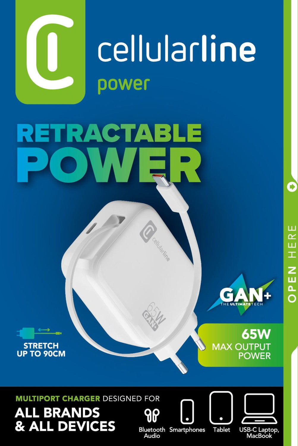 Cellularline Retractable Power 65W Caricabatterie da rete 65W con cavo retrattile USB-C e porta USB-C