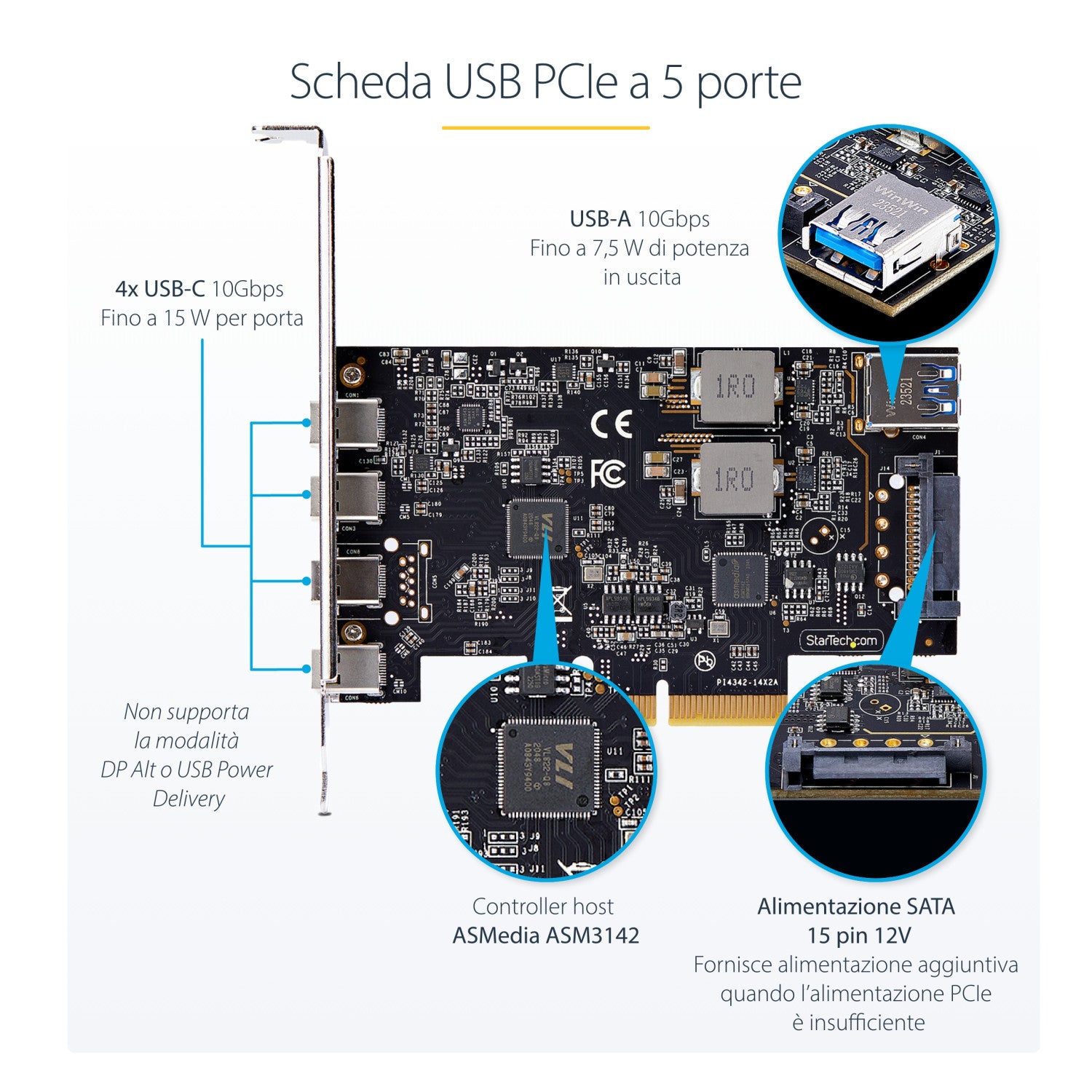 StarTech.com Scheda di Espansione PCIe USB a 5 porte, USB 3.2 10Gbps, scheda PCI Express con 4 porte USB-C, 1 porta interna USB-A, scheda controller PCIe USB, Windows/macOS/Linux