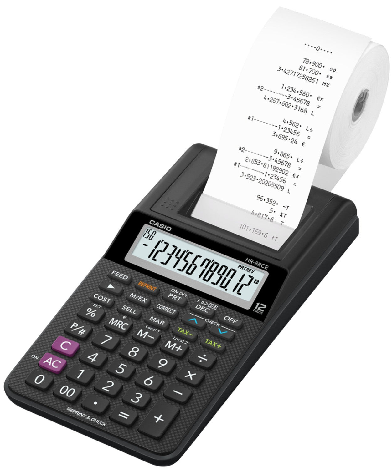 Casio Calcolatrice Scrivente Portatile HR-8RCE 12 Cifre con Alimentatore