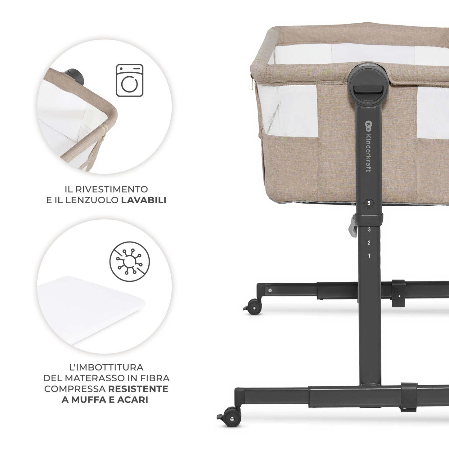 Kinderkraft Nestee Up 2 Culla Co-Sleeping Con Materasso, 5 Livelli Di Altezza, 4 Ruote, Beige