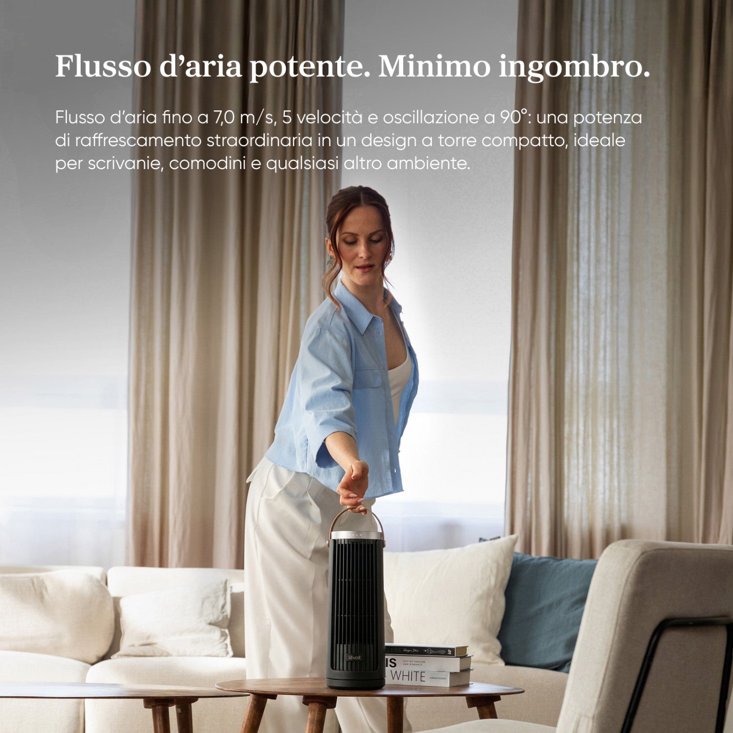 Levoit Windi Mini Ventilatore a torre, 7,0 m/s, 5 velocità, timer da 1 a 12 ore, oscillazione di 90°, portatile, ideale per l’uso sulla scrivania