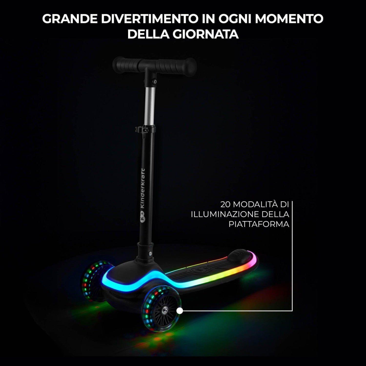 Kk Kinderkraft Raket Monopattino Bambini 3 Ruote Con Luci Led Rgb, Pieghevole, Manubrio Regolabile, 2 Anni, Nero