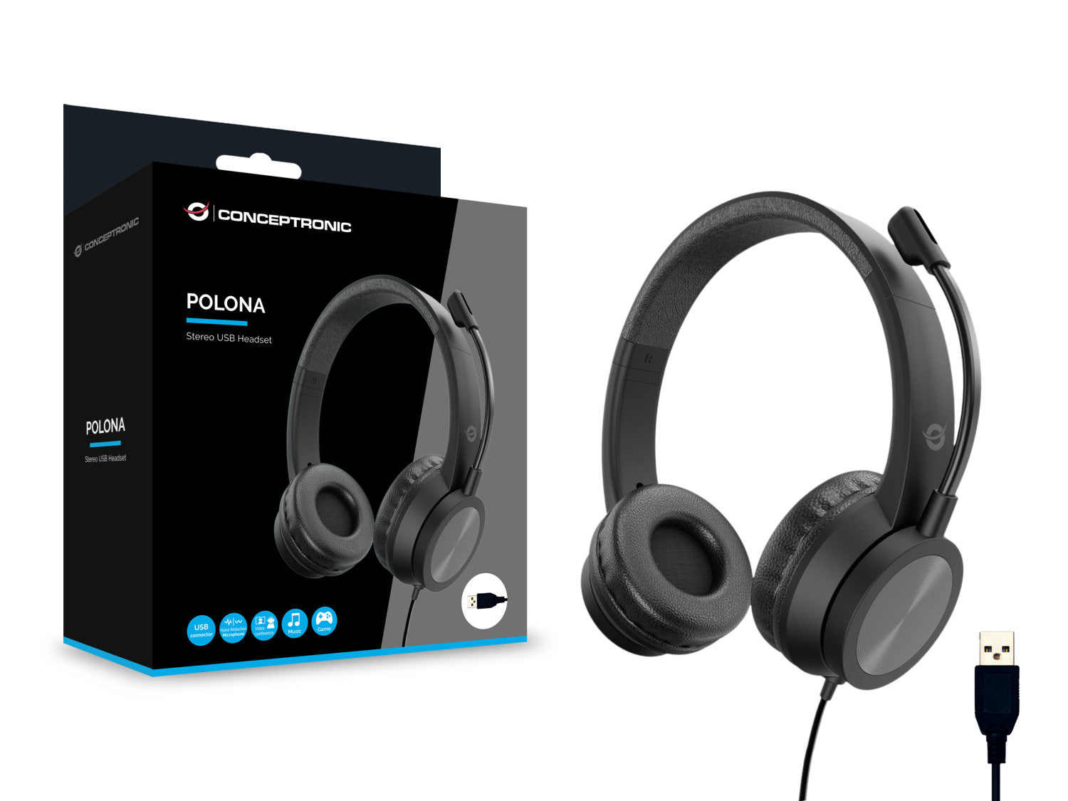 Conceptronic POLONA05B cuffia e auricolare Cablato A Padiglione Musica e Chiamate USB tipo A Nero