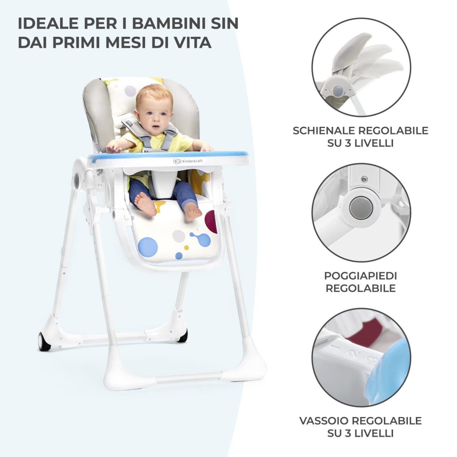 Kinderkraft Yummy Seggiolone Pappa Regolabile Pieghevole, 7 Altezze, Schienale 3 Posizioni, Cinture 5 Punti, 6 Mesi-3 Anni, Grigio