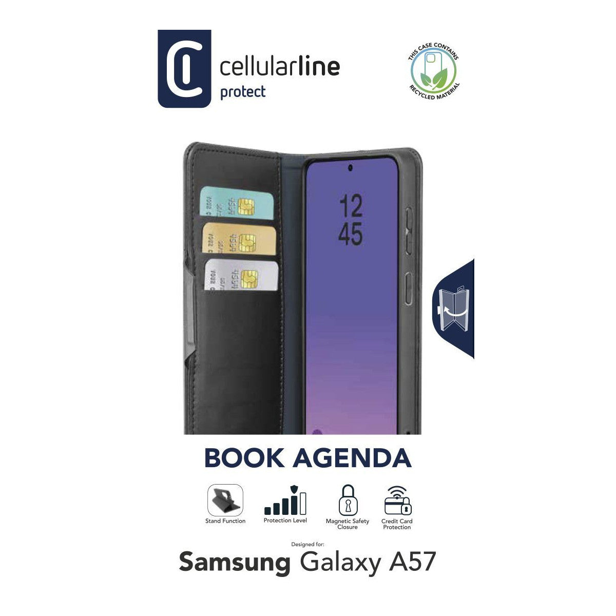 Cellularline Book Agenda 2 - Galaxy A57 Custodia a libro effetto pelle con chiusura magnetica, funzione stand e protezione RFID/NFC per carte contactless.