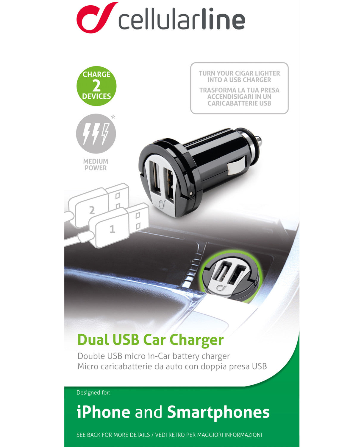 Cellularline USB Car Charger Dual Caricabatterie da Auto Universal Nero