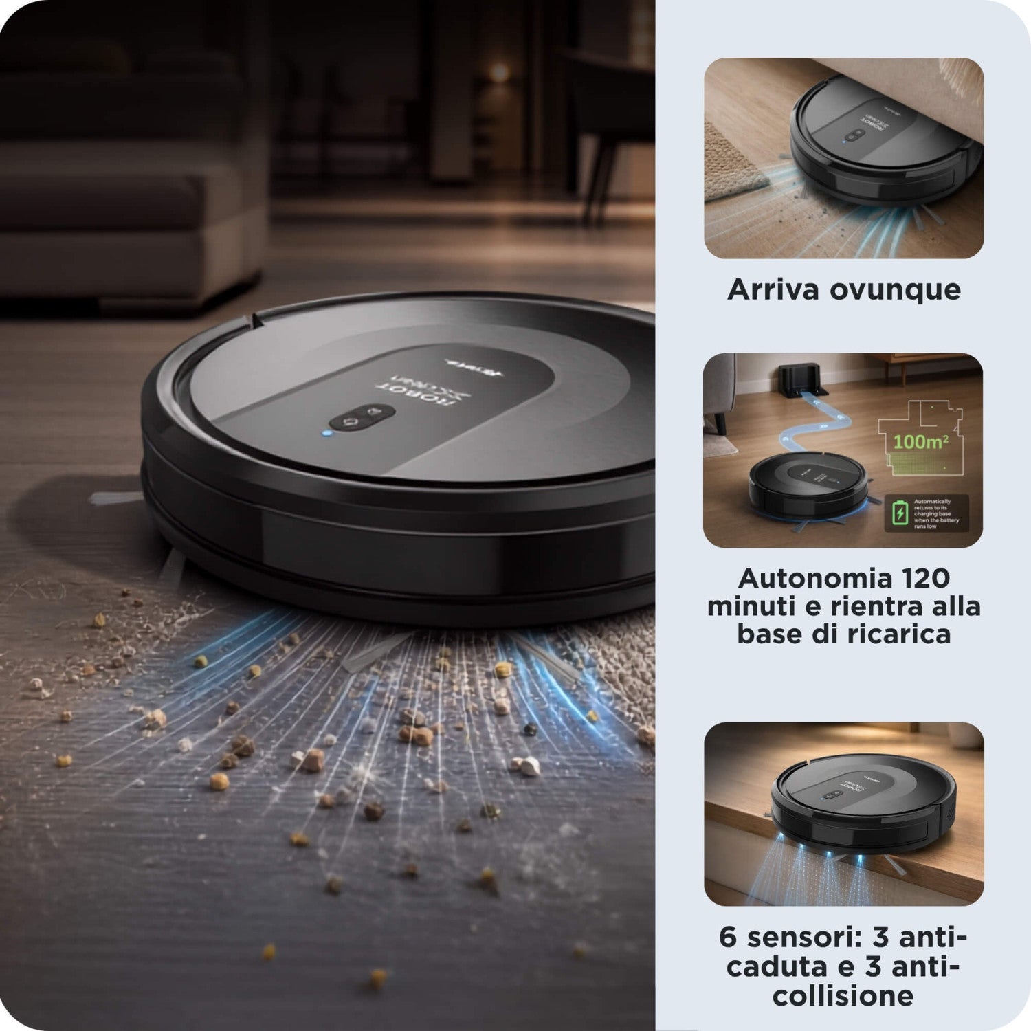 Ariete 2719 Robot Aspirapolvere Lavapavimenti X-Clean 3 in 1, Spazza, aspira e lava, Silenzioso, Wi fi integrato, Mappatura intelligente, navigazione giroscopica, Controllo Smart