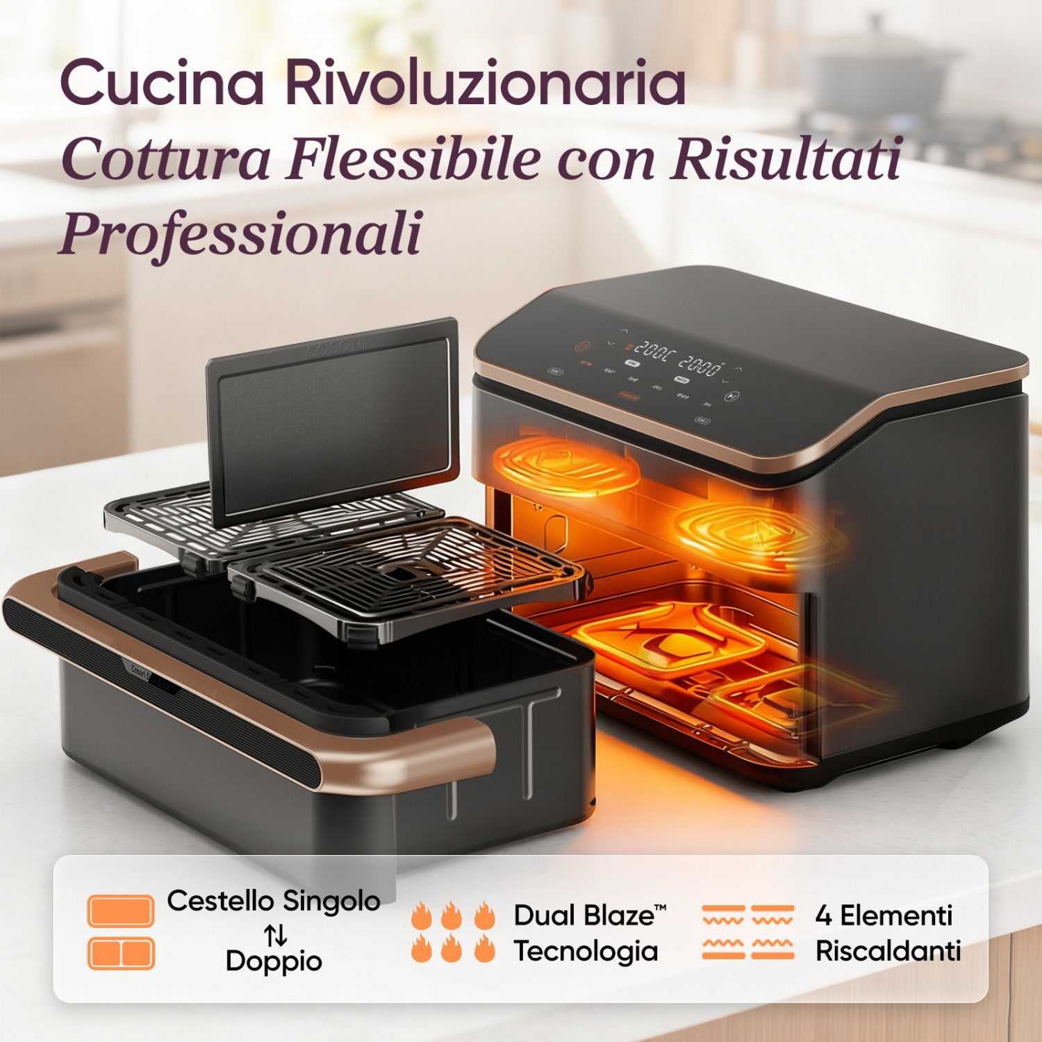 Cosori FRIGGITRICE AD ARIA Dual Blaze Twinfry™ Chef Edition, 2800W, 10 Litri, Funzioni 7 in 1, Doppia Resistenza, Doppio Cestello 5L&5L e Separatore Rimovibile, WiFi, 40-240℃, Grigio scuro