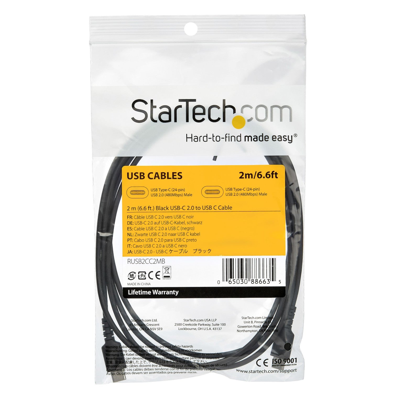 StarTech.com Cavo di Ricarica USB-C da 2m - Resistente Cavetto USB-C di Ricarica Veloce e Sync da USB 2.0 a USB Type C 60W - Rivestimento in TPE e Fibra Aramidica M/M 60W Nero, Samsung S10/S20/Ipad Pro/MS Surface
