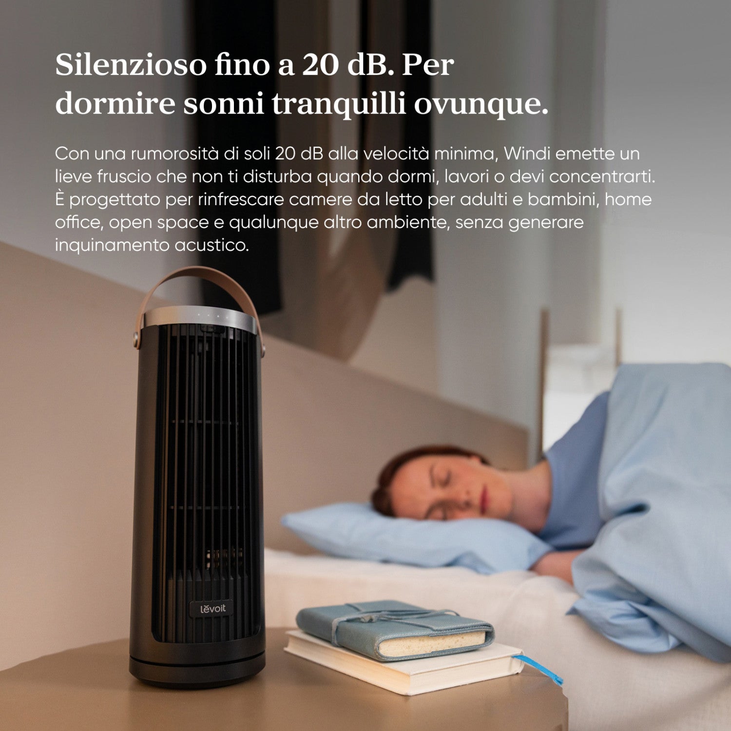 Levoit Windi Mini Ventilatore a torre, 7,0 m/s, 5 velocità, timer da 1 a 12 ore, oscillazione di 90°, portatile, ideale per l’uso sulla scrivania