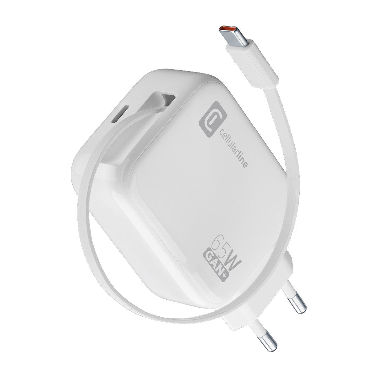 Cellularline Retractable Power 65W Caricabatterie da rete 65W con cavo retrattile USB-C e porta USB-C