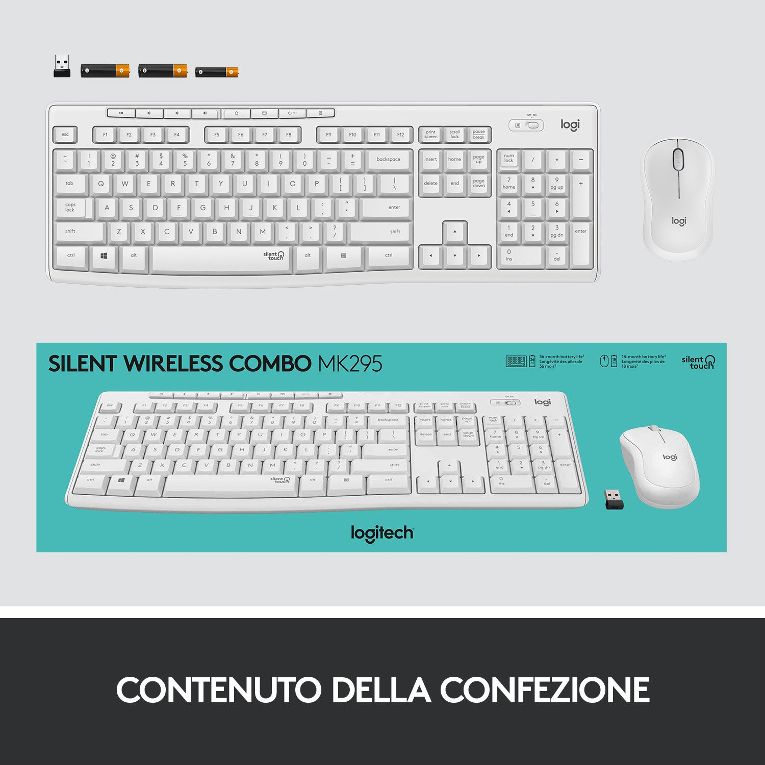 Logitech MK295 Kit Mouse e Tastiera Wireless Tecnologia Silent Touch Bianco