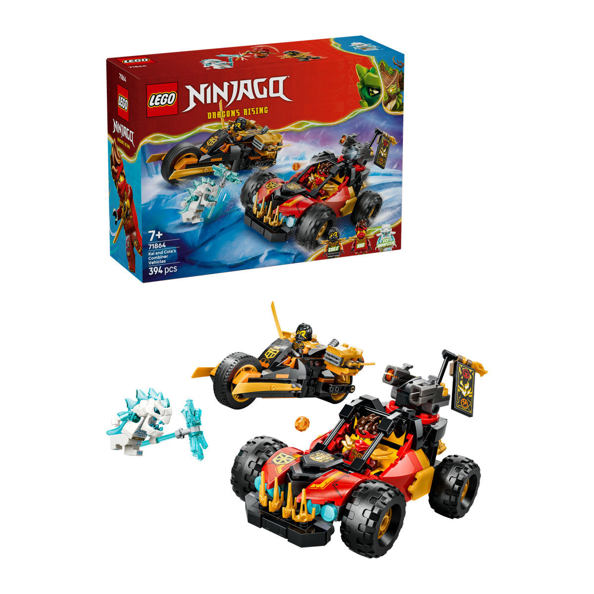 LEGO Ninjago 71864 Veicoli Combinanti di Kai e Cole, con Macchina e Moto Giocattolo e 3 Minifigure, Regalo per Bambini da 7