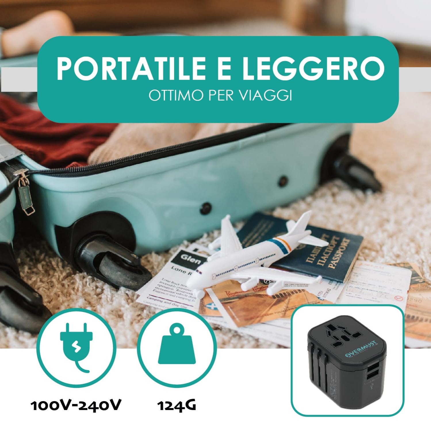 Overmust Adattatore Universale Da Viaggio 2 Porte USB UK/EU/USA/AUS 110-240V Doppio Fusibile 8A
