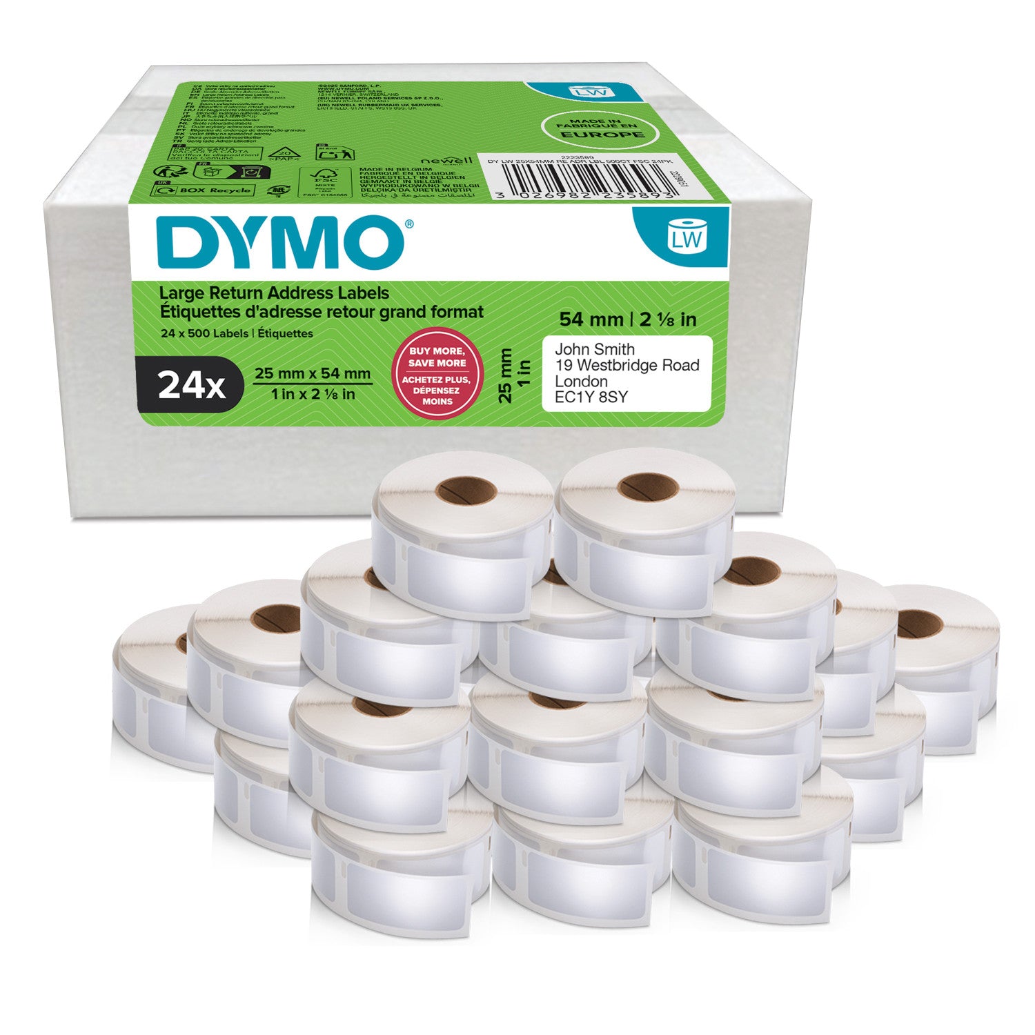 DYMO LW etichette di ritorno originali 25 mm x 54 mm 24 rotoli da 500 etichette facili da staccare (12.000 pezzi) autoadesive per etichettatrici LabelWriter originali