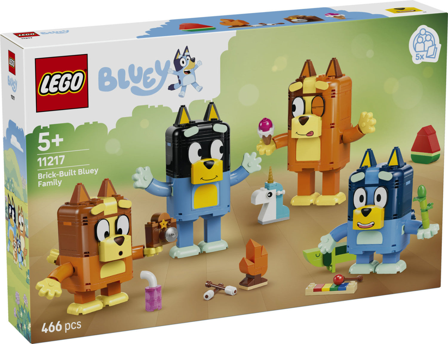 LEGO Bluey 11217 Famiglia Bluey in Mattoncini, 4 Personaggi e Accessori, 466 Pezzi, Età 5