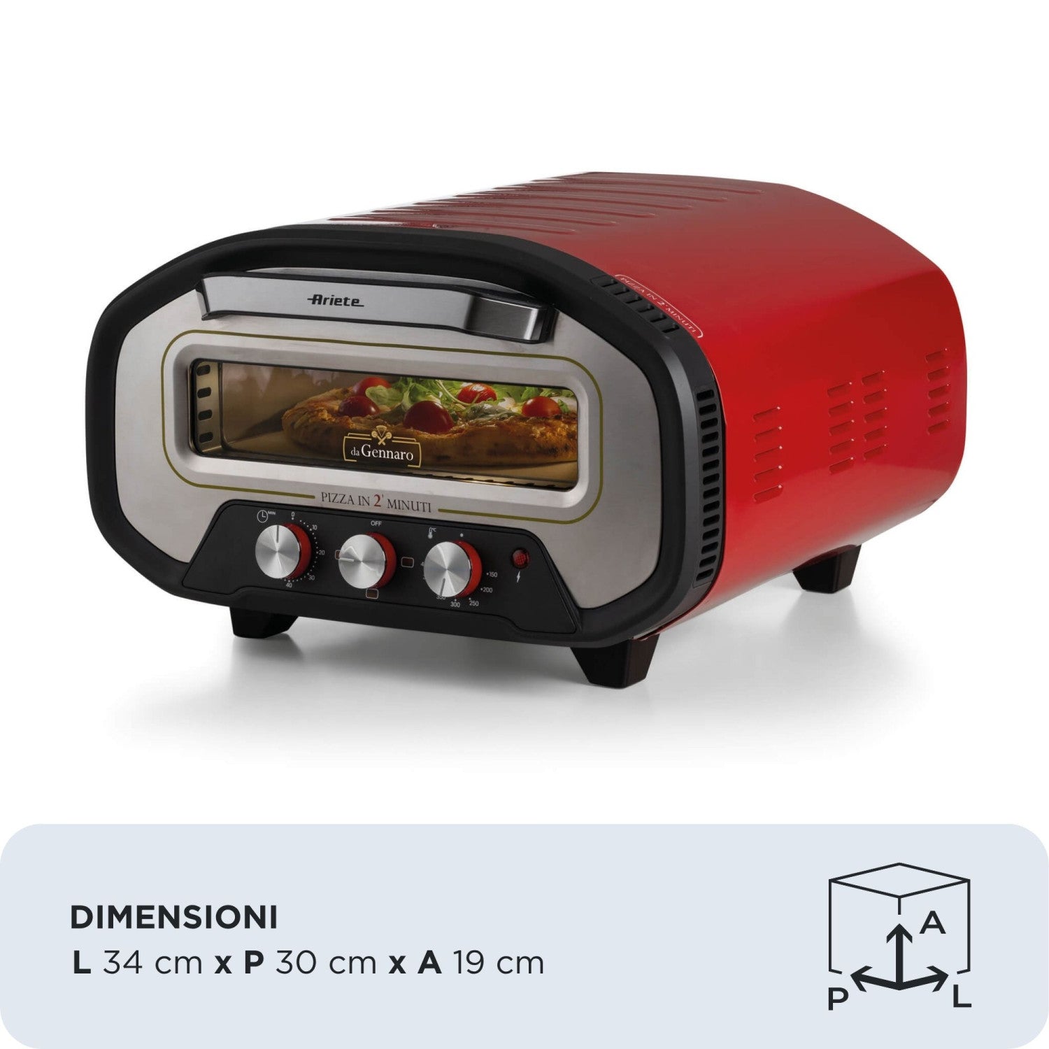 Ariete 3901 Da Gennaro, Forno per pizza, 2200W, Temperatura 430 C, 2 minuti di cottura, Pietra refrattaria, Rosso