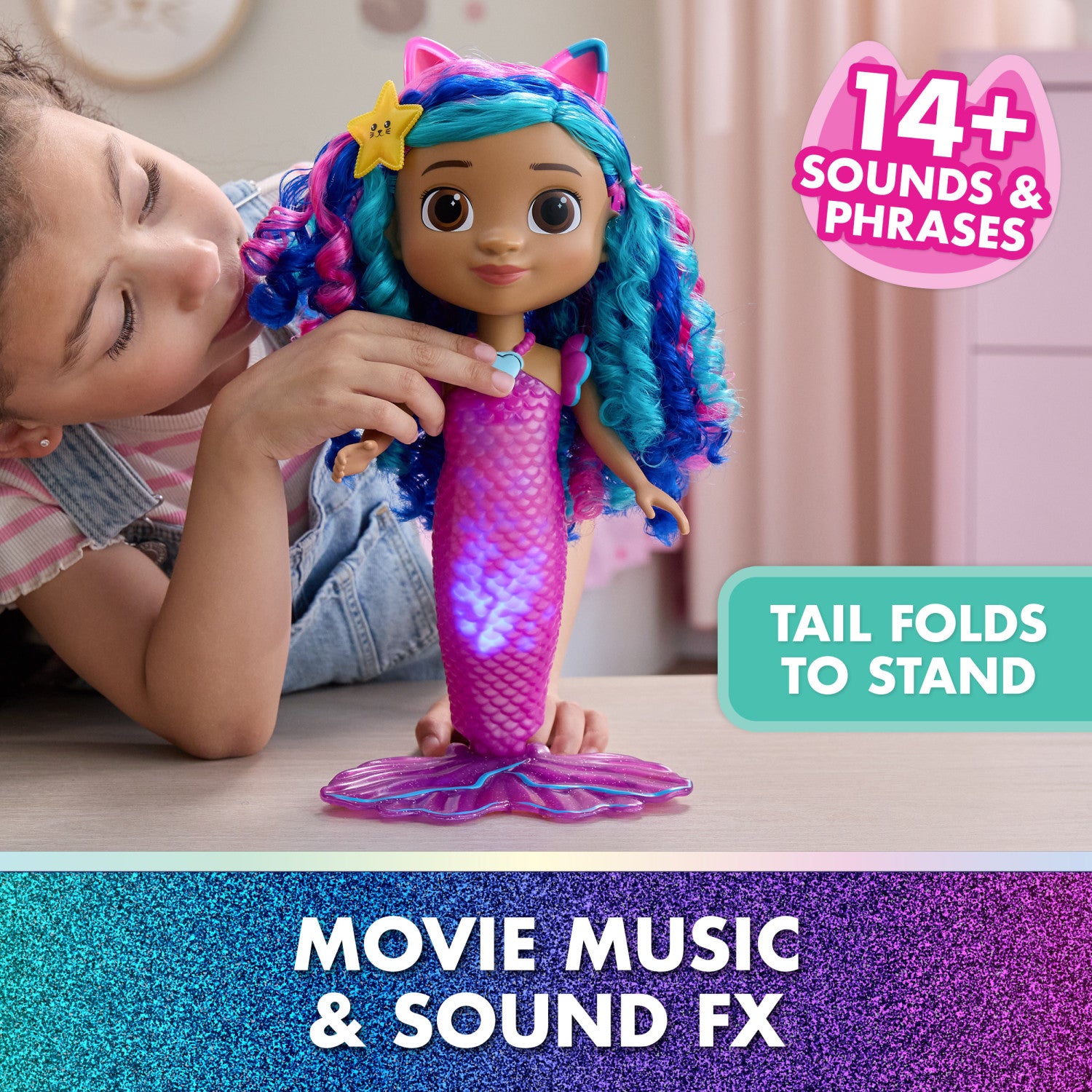 Gabby's Dollhouse The Movie Sirena Gabby che canta e si illumina, Bambola Sirena Impermeabile con Luci e Suoni Giocattolo per Bambine e Bambini dai 3 anni in su