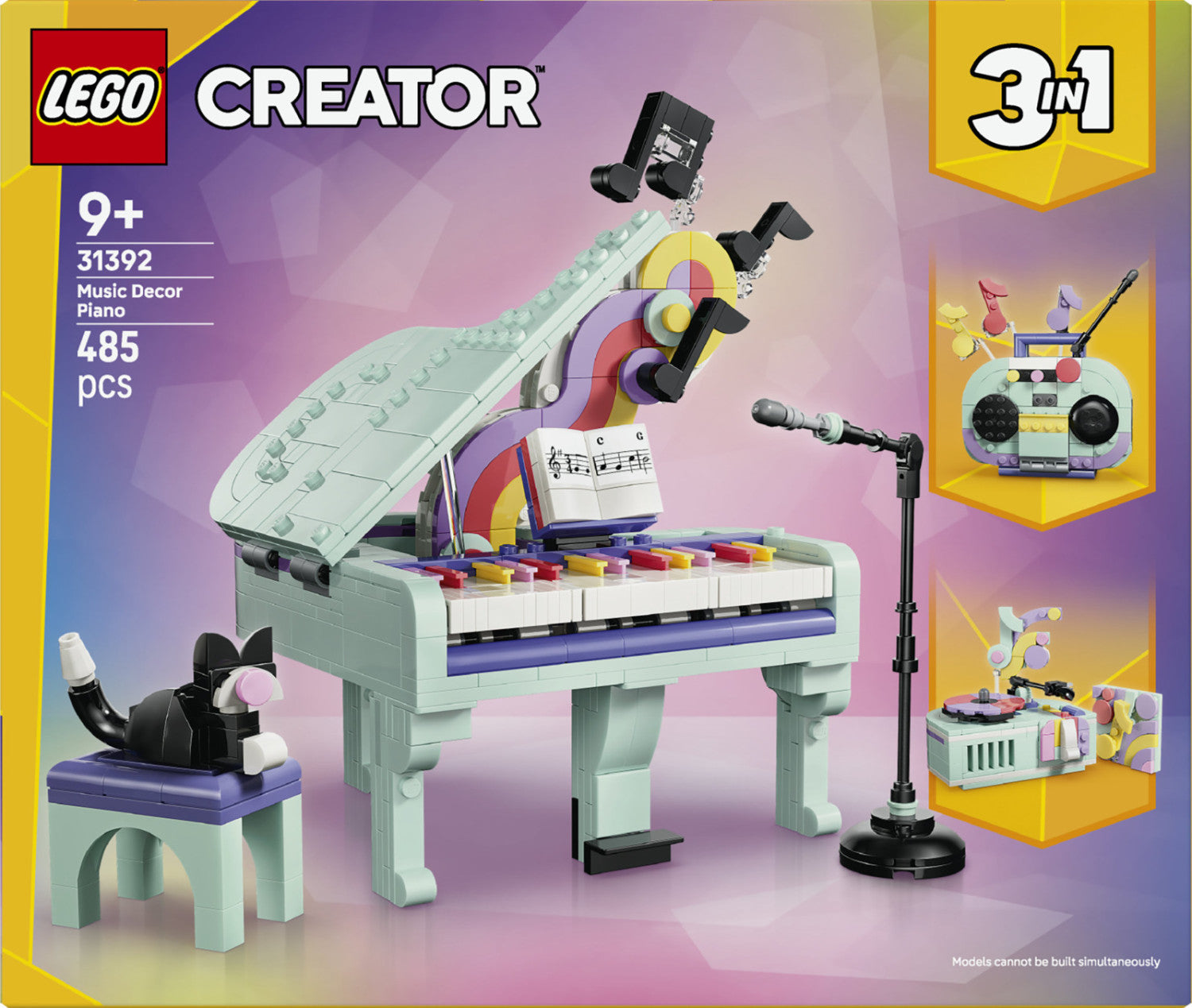 LEGO Creator 31392 3in1: Pianoforte Decorativo con Gatto, Giocattolo Retrò Trasformabile in Radio o Giradischi, Regalo da 9