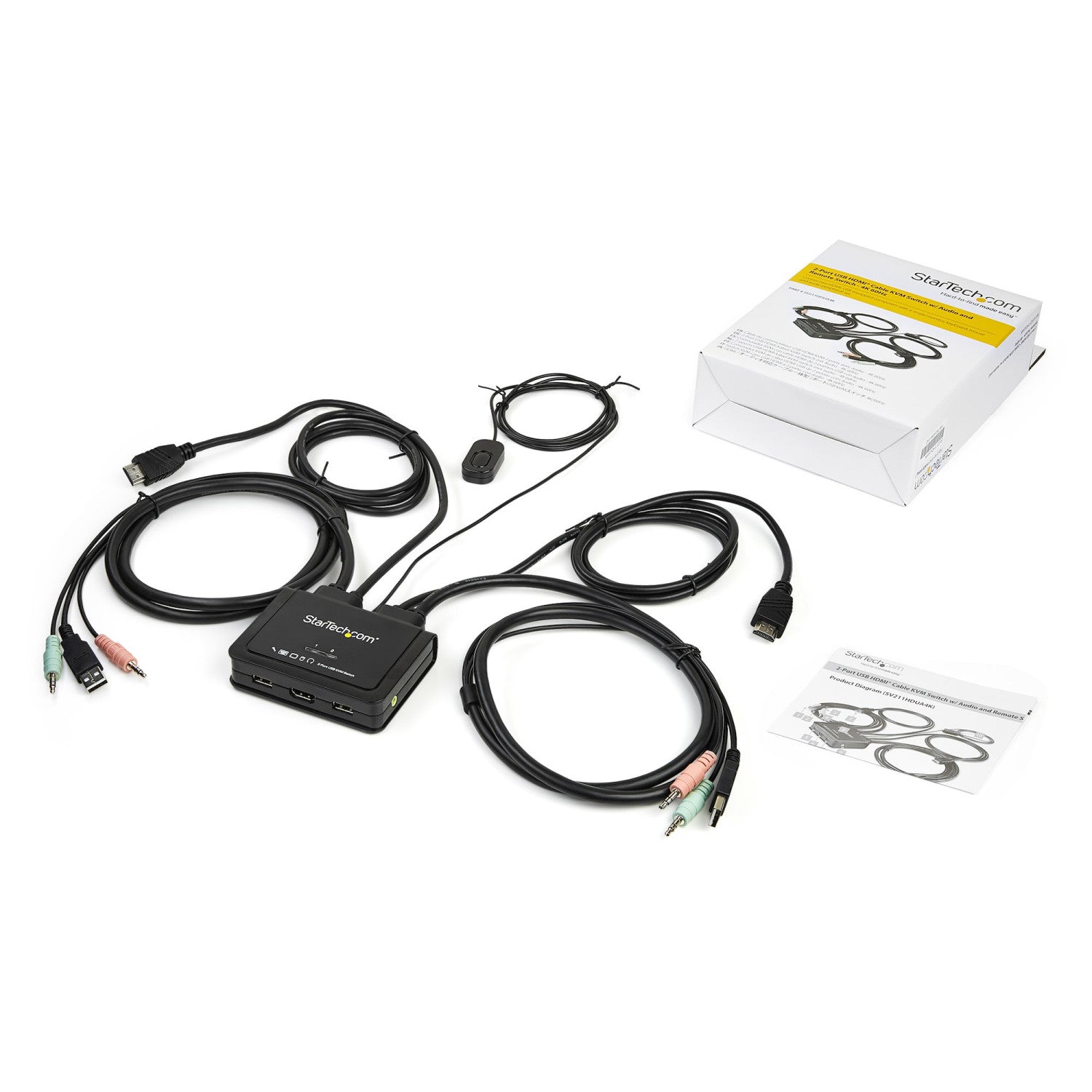 StarTech.com Switch KVM HDMI a 2 porte 4K 60Hz - Switch KVM compatto a doppia porta UHD/Ultra HD USB con cavi da 4 piedi integrati e audio - Alimentazione tramite bus e commutazione remota - MacBook ThinkPad