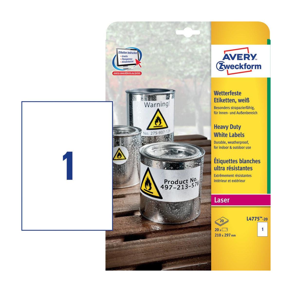 Avery L4775-20 etichetta autoadesiva Rettangolo con angoli arrotondati Permanente Bianco 20 pz