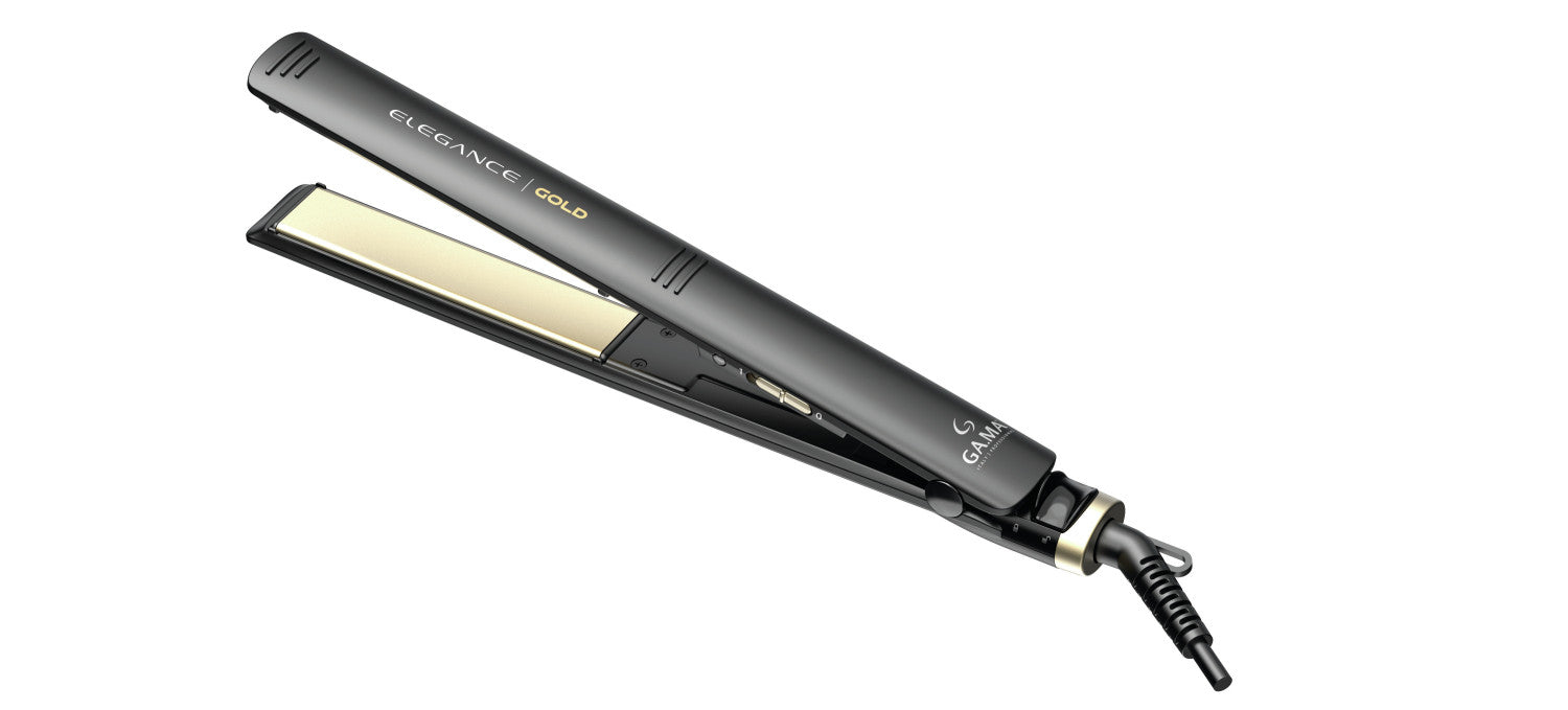 GA.MA Piastra Elegance Gold: trafile larghe in ceramica e olio d'argan "oro fluido", ceramica ion, effetto liscio o mosso a lungo, riscaldamento istantaneo, temperatura ideale fissa, pulsante chiudi piastra