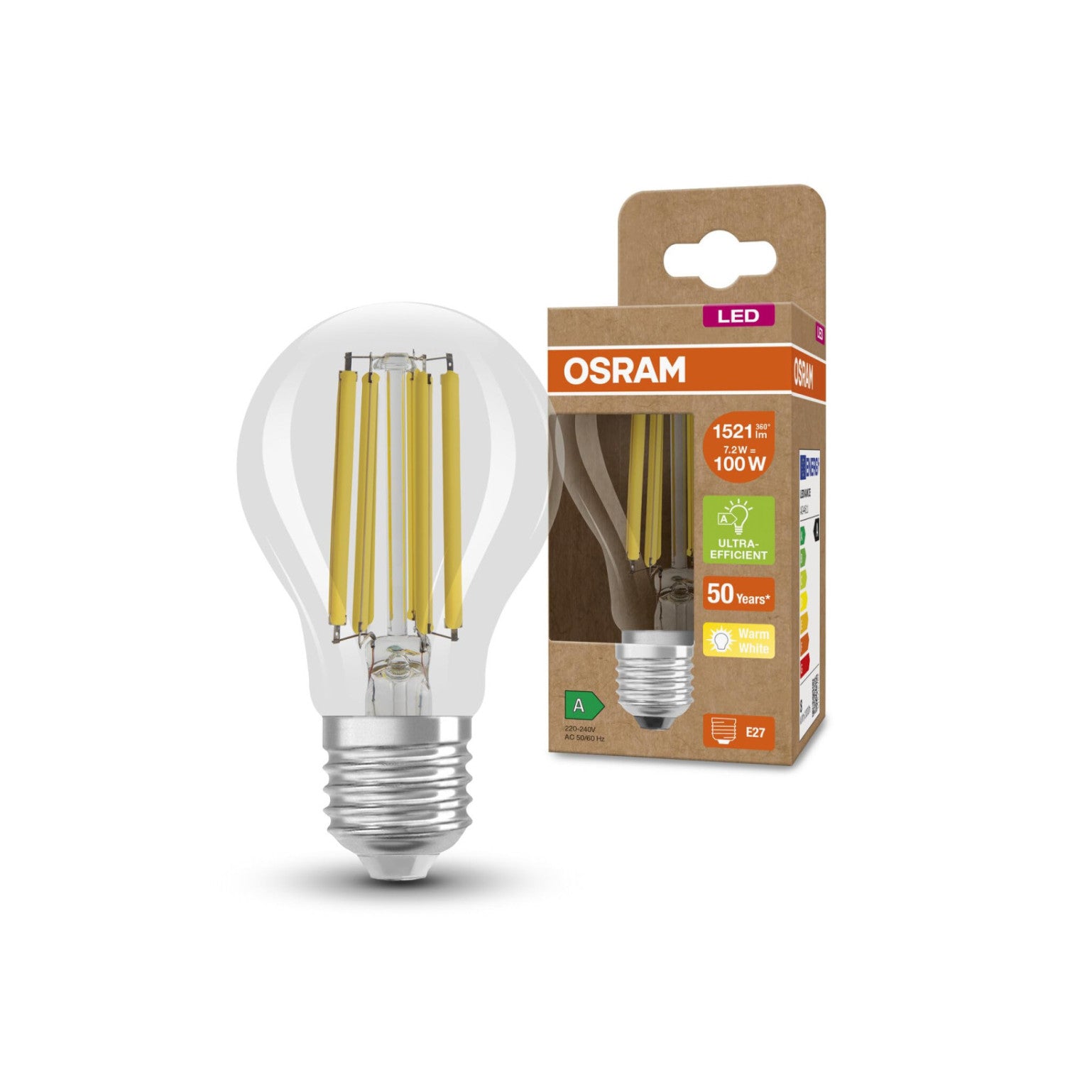 Osram Homelighting Lampadina LED Filament E27 7,2W Bianco Caldo 2700K 1521lm A60 Opaca - 3 Pezzi