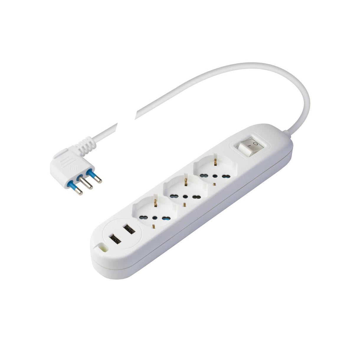 Poly Pool PP2526 Presa Multipla con 2 Prese USB e 3 Prese P40 Pluristandard Spina Salvaspazio Grande 16 A 1.5 Metri Cavo e Interruttore Bianco