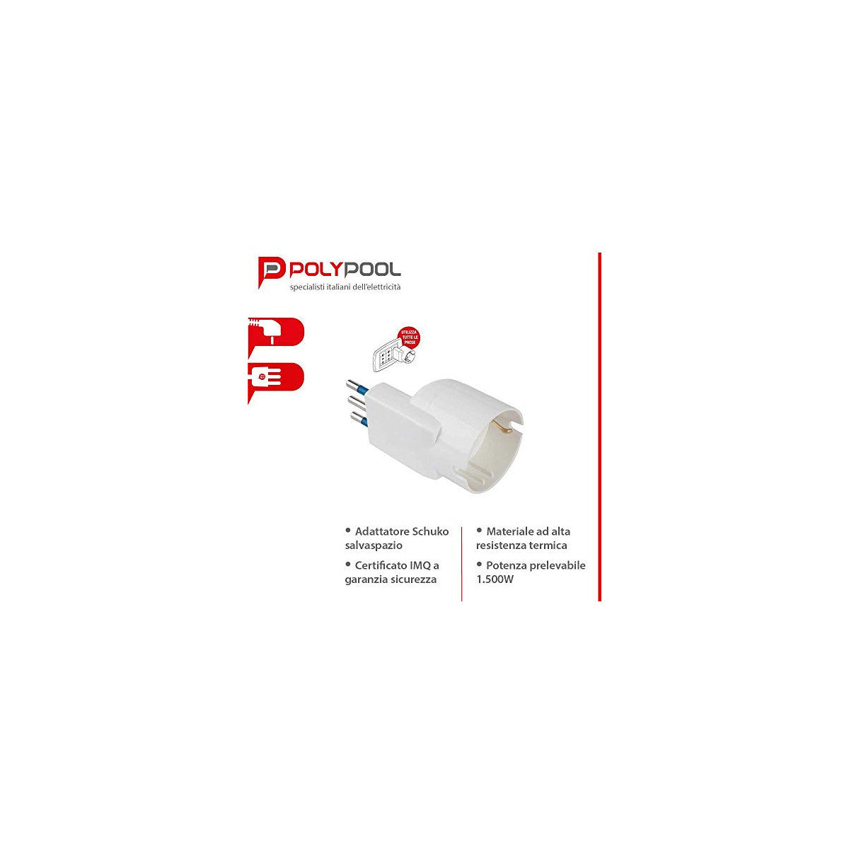 Poly Pool Adattatore Salvaspazio PP2233 Spina 10A 2P T e Presa Schuko Standard Tedesco Bianco