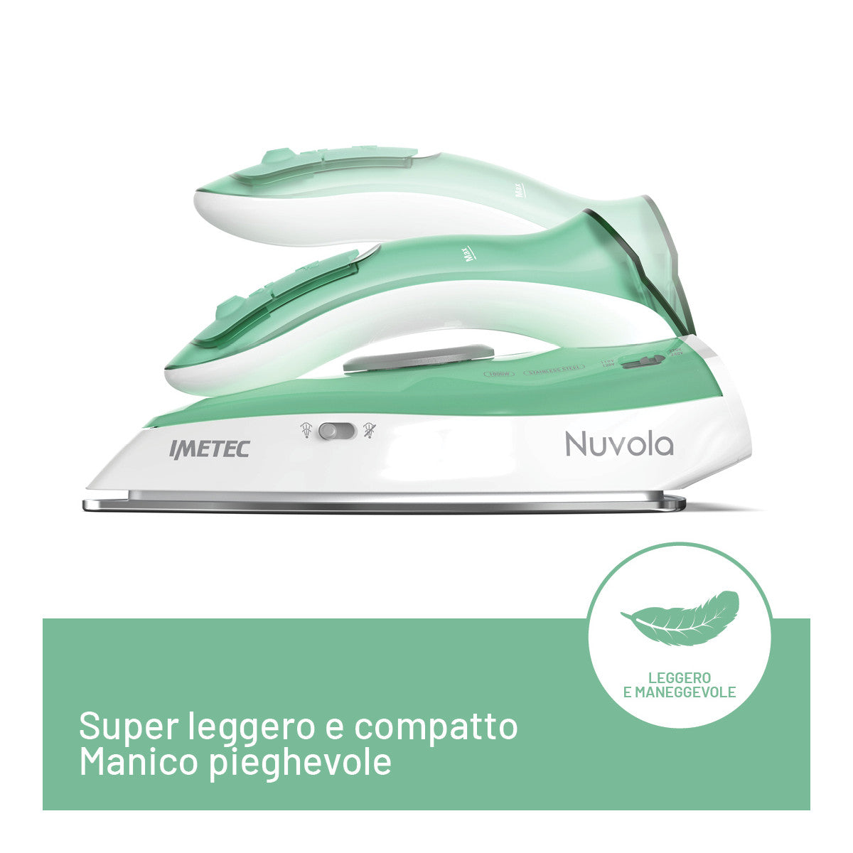 Imetec Nuvola, Ferro da Stiro da Viaggio a Vapore, Piastra in Acciaio Inox, 1000 W, Manico pieghevole, Custodia da Viaggio, Doppio Voltaggio