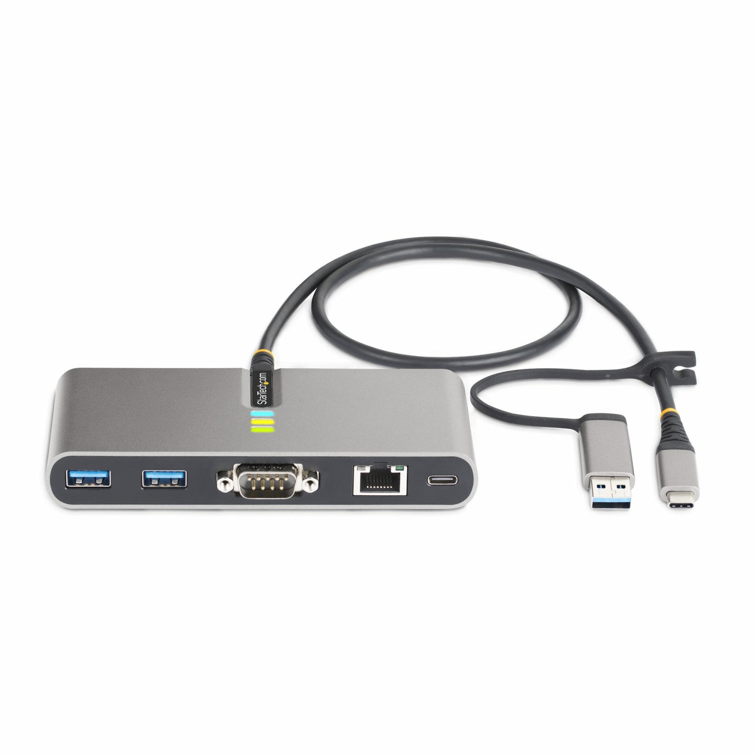 StarTech.com Hub USB-C a 2 porte con Ethernet e RS-232, dongle USB-C a USB-A collegato, 100W PD Pass-through, 2x USB-A 5Gbps, Gigabit Ethernet, RS232 seriale (FTDI)
