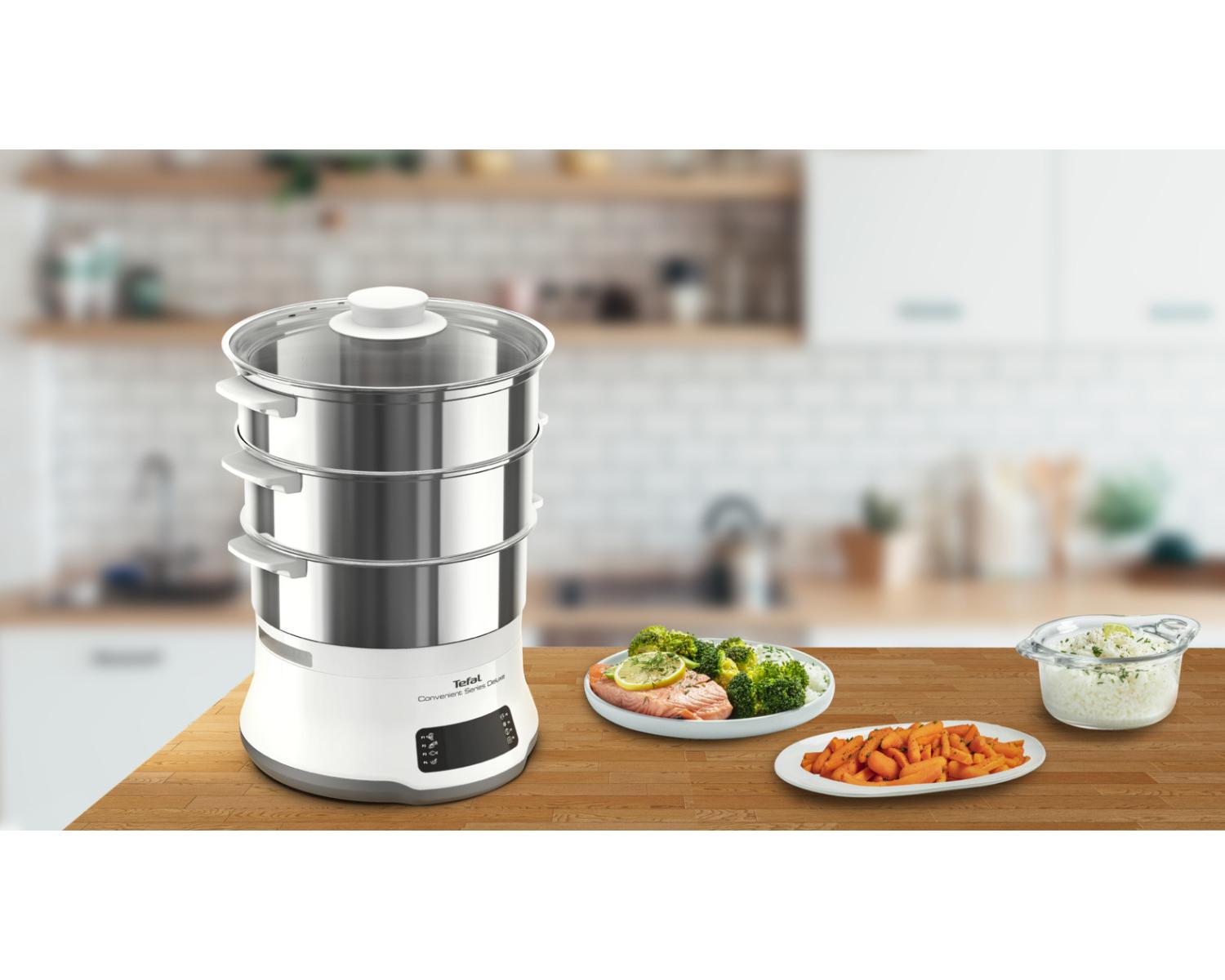Tefal Convenient Series Deluxe VC502D pentola a vapore 3 cestelli Superficie piana 900 W Acciaio inox Bianco