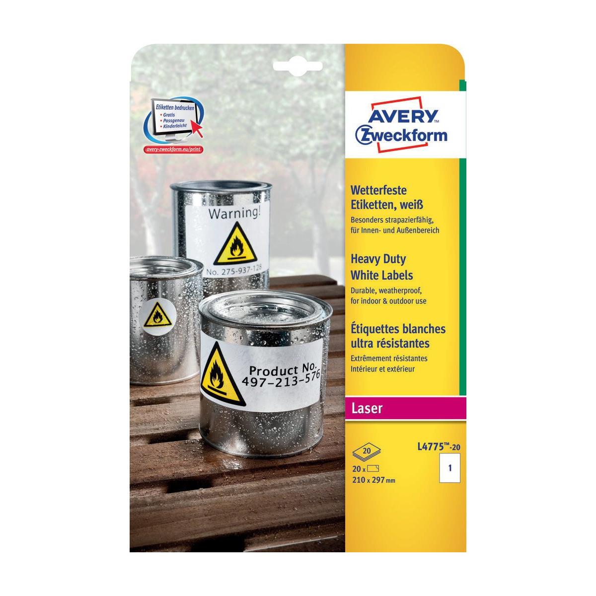 Avery L4775-20 etichetta autoadesiva Rettangolo con angoli arrotondati Permanente Bianco 20 pz