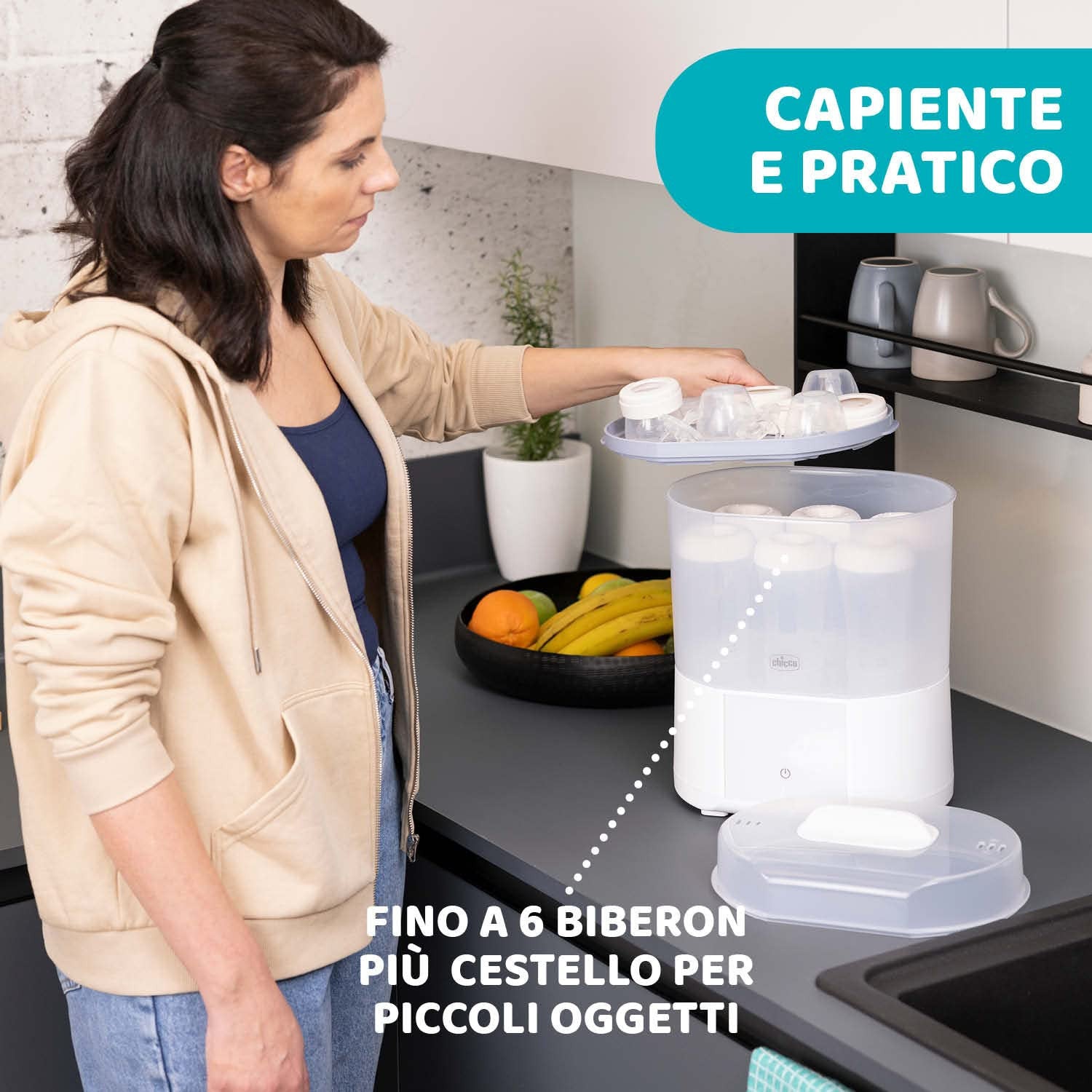Chicco Sterilizzatore Con Asciugatura Per Biberon, Tiralatte E Ciucci, Fino A 6 Biberon Da 330 Ml, 2 Configurazioni, Vapore Naturale, Bianco