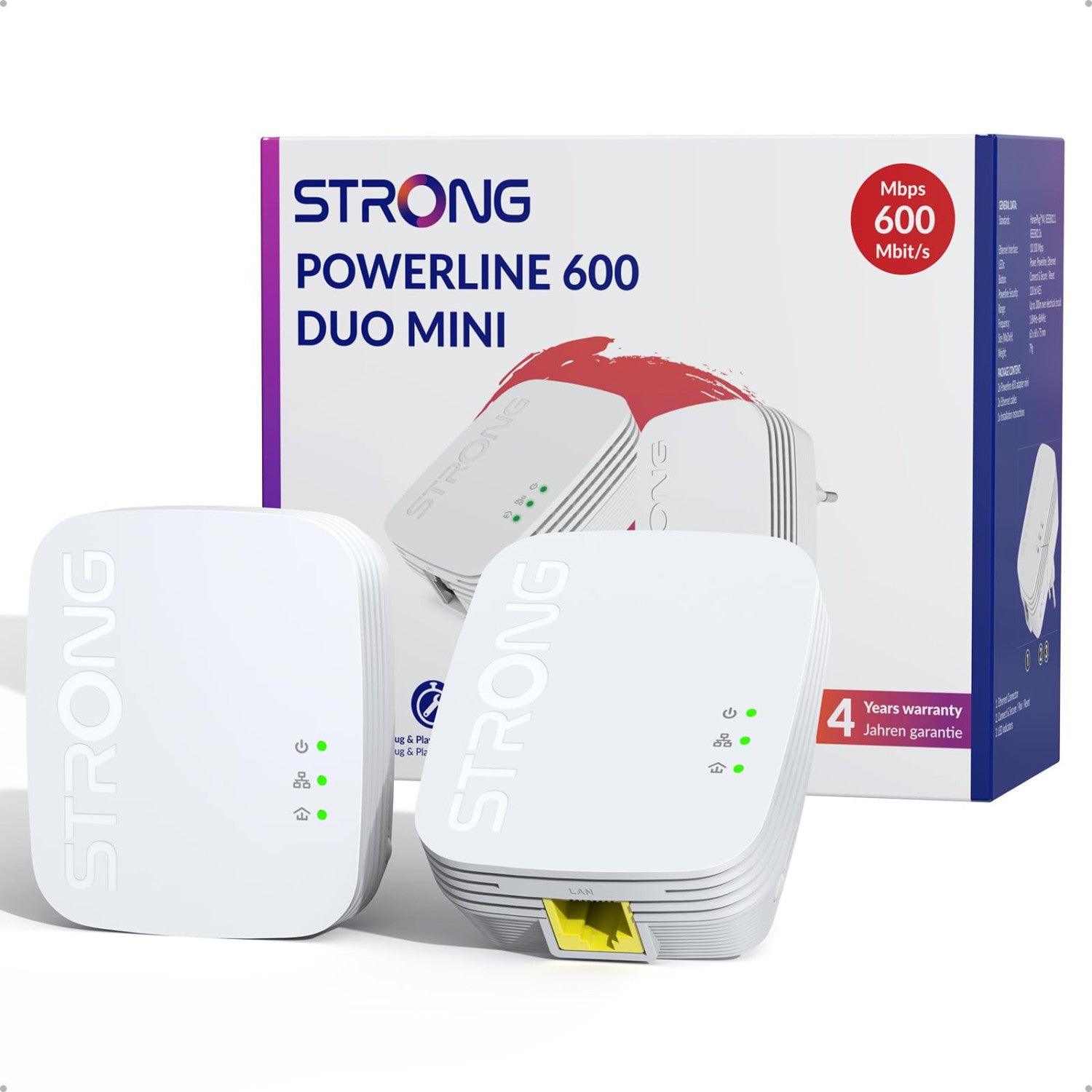 Strong Kit Powerline 600 Duo Mini PL600MDUO, 2 Adattatori, HomePlug AV2, 600 Mbps, Crittografia AES 128 Bit, Porte LAN RJ-45