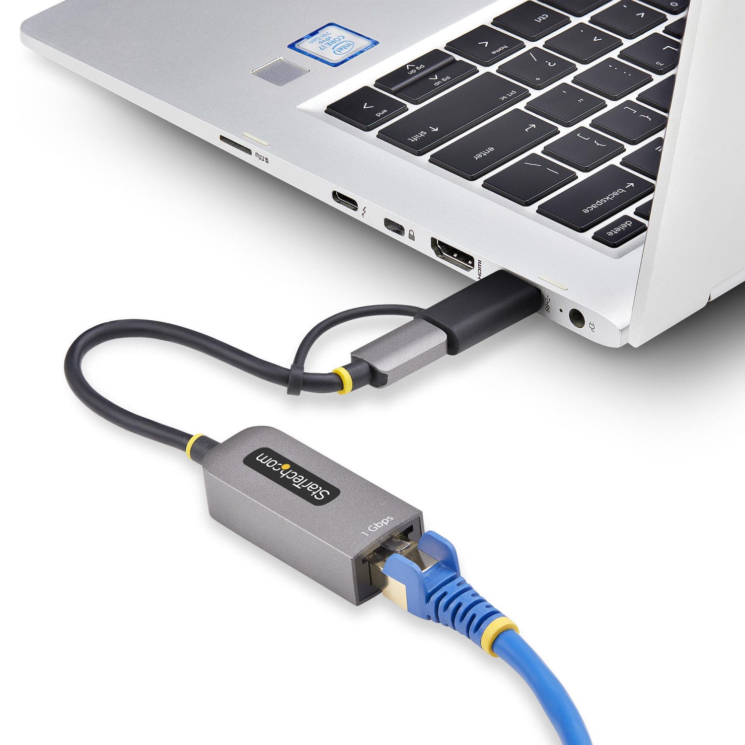 StarTech.com Adattatore da USB-C a Ethernet con dongle USB-A, 10/100/1000Mbps, adattatore di rete da USB 3.0 a Gigabit Ethernet, cavo collegato 6in/15cm, adattatore USB GbE